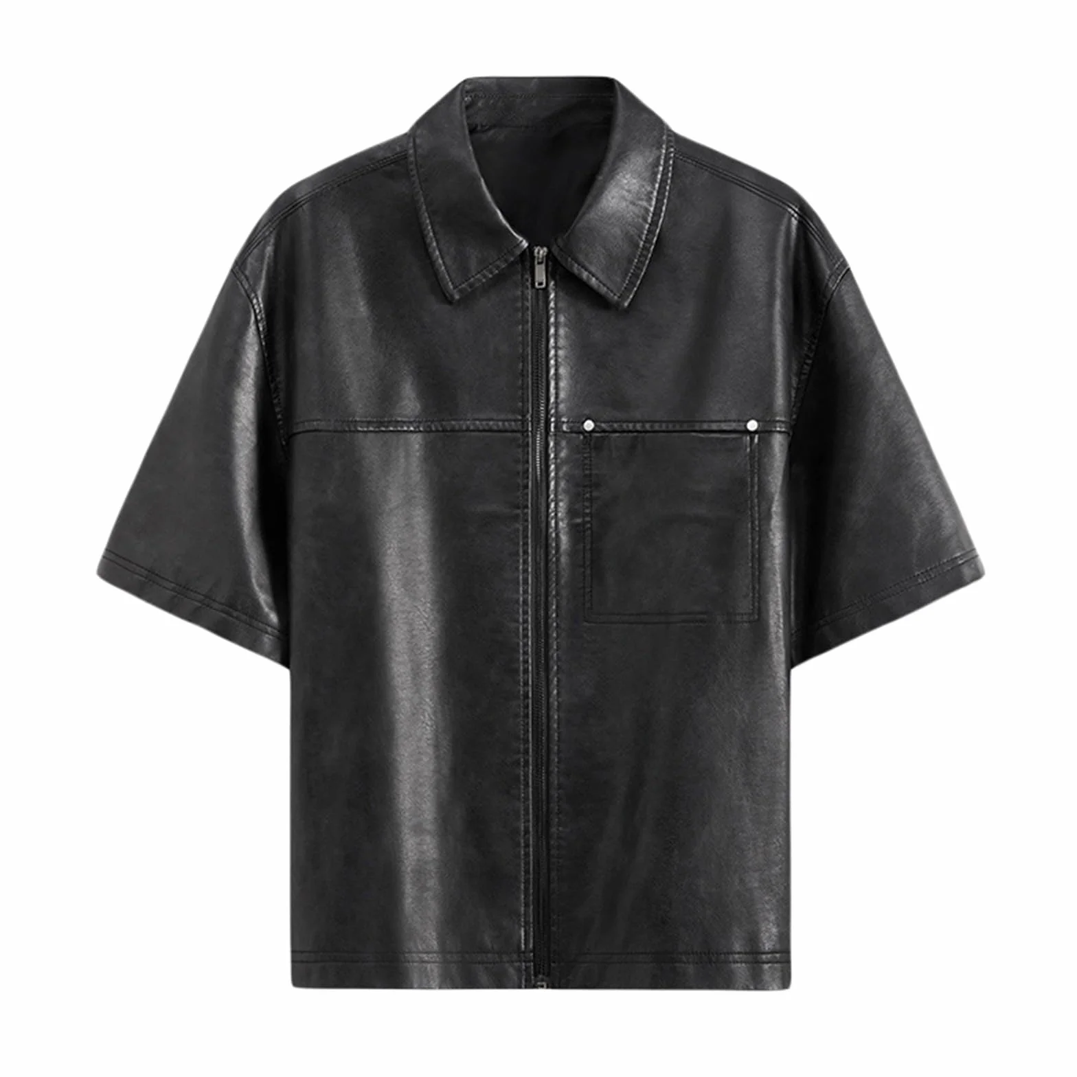 Giacca in pelle uomo maniche corte poliuretano slim fit effetto bagnato tasche petto