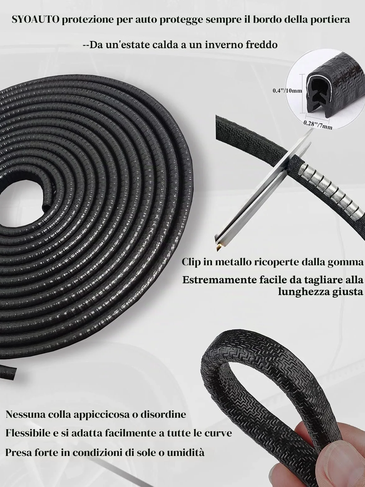 SYOAUTO Protezione per bordi della portiera dell'auto, 4 m, senza colla, in gomma, a forma di U