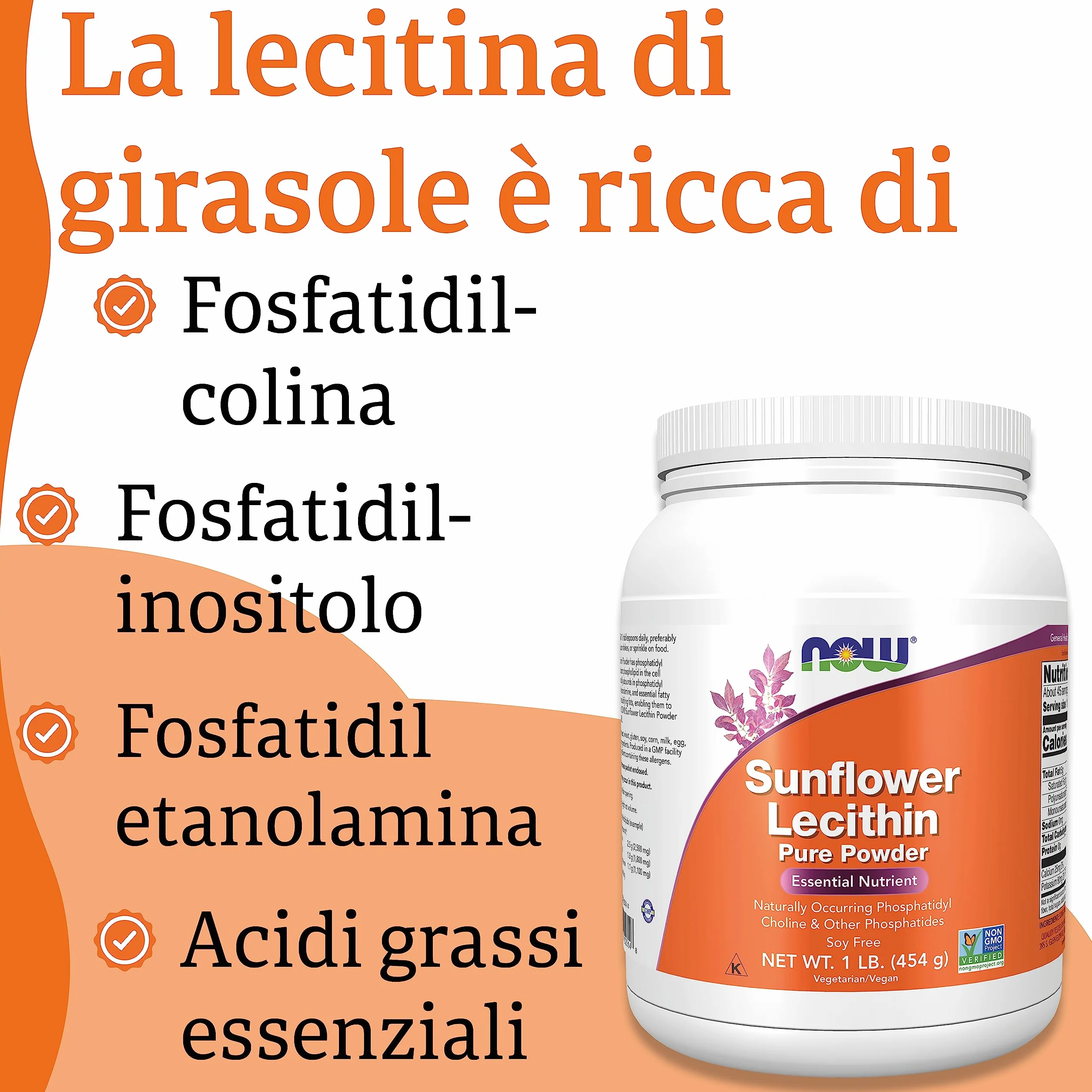 Now Foods Sunflower Lecithin Pura Polvere Vegana 454 g Senza Glutine Senza Soia