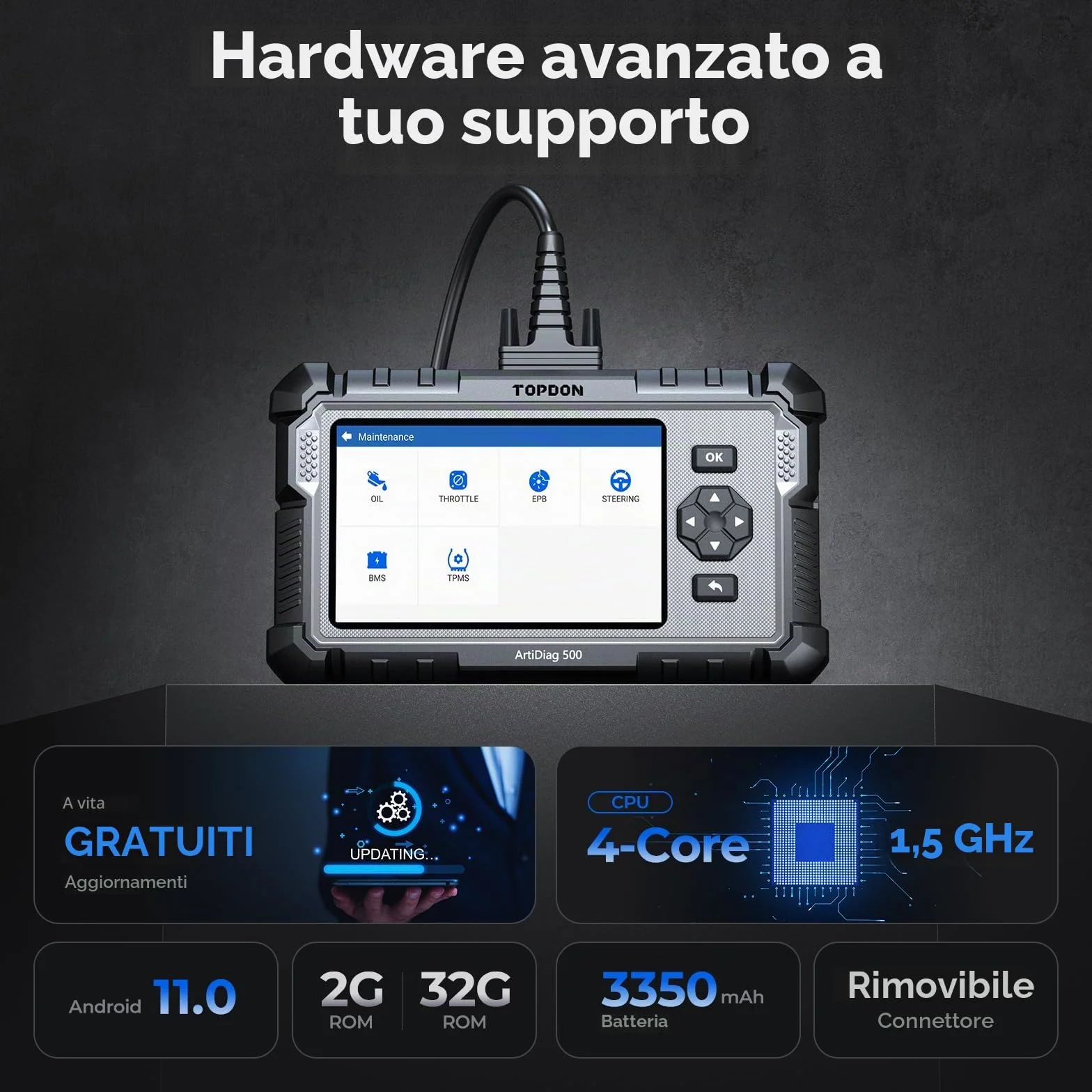 TOPDON AD500 Strumento di diagnostica auto OBD2 6 servizi reset olio SAS TPMS ETS BMS freno