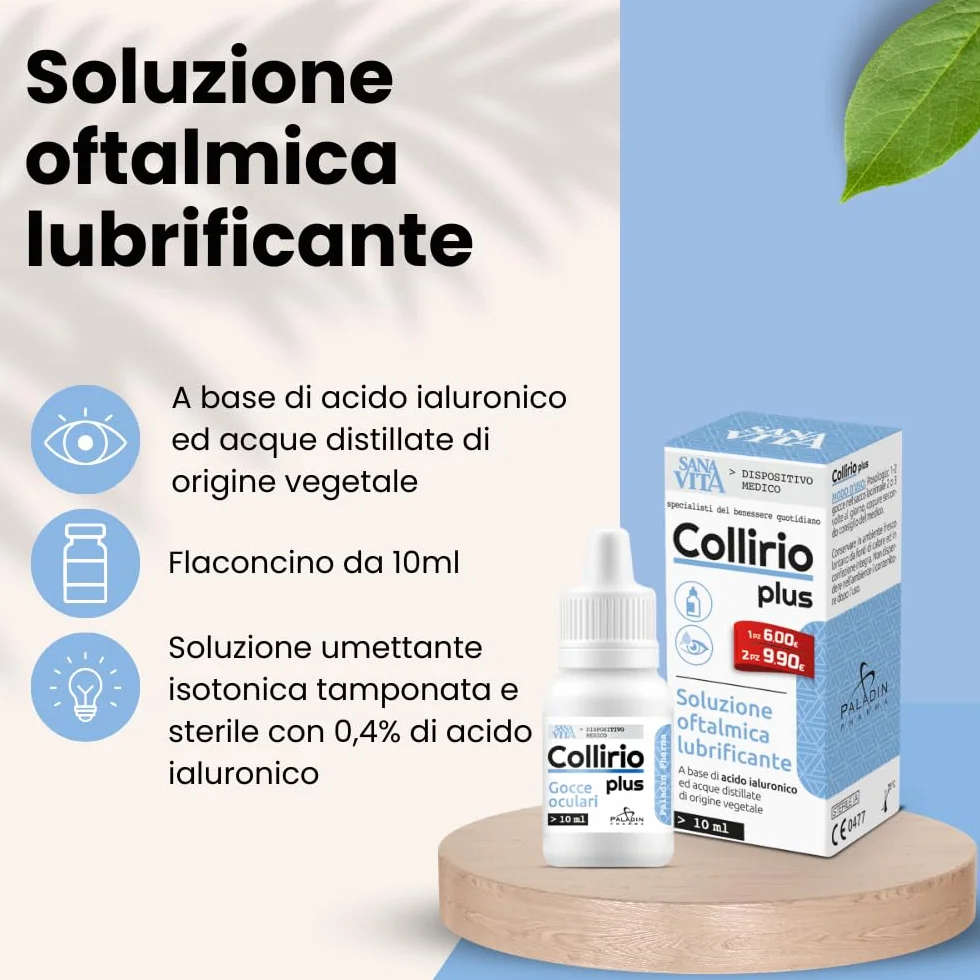 Sanavita Collirio Plus Soluzione Oftalmica Lubrificante 0,4% Acido Ialuronico Dispositivo Medico CE Flacone Multidose 10 ml