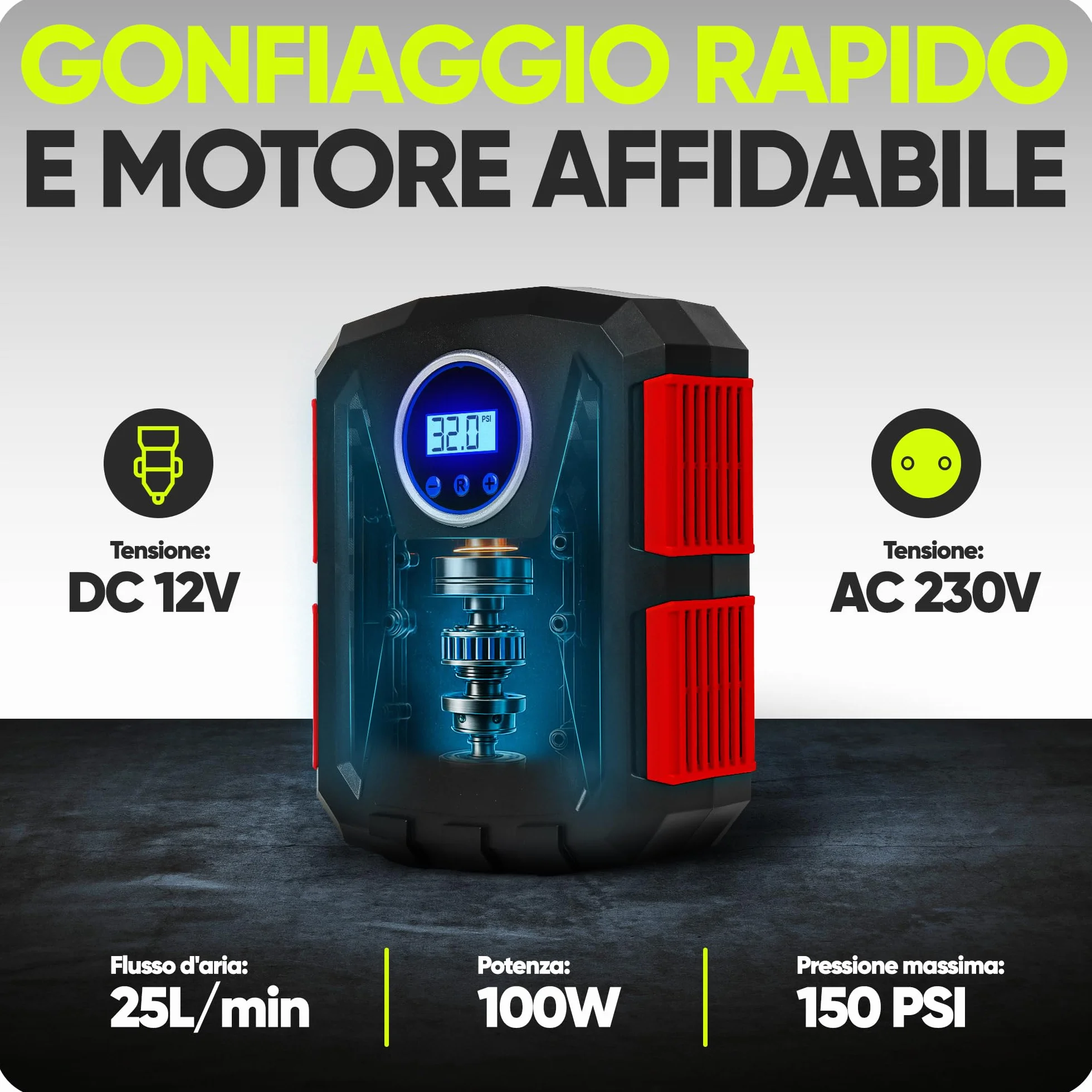 FORTEM Compressore Aria Portatile Manometro Digitale Gonfiaggio Automatico