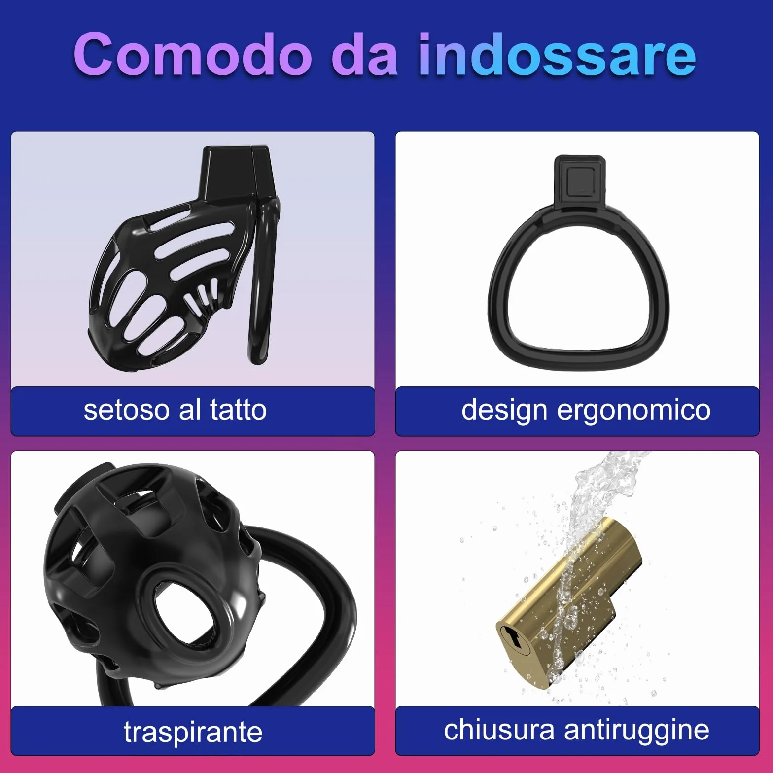 Cintura di Castità Uomo Sex Toys con 3 Anelli Rimovibili Gabbia di Castità Maschile