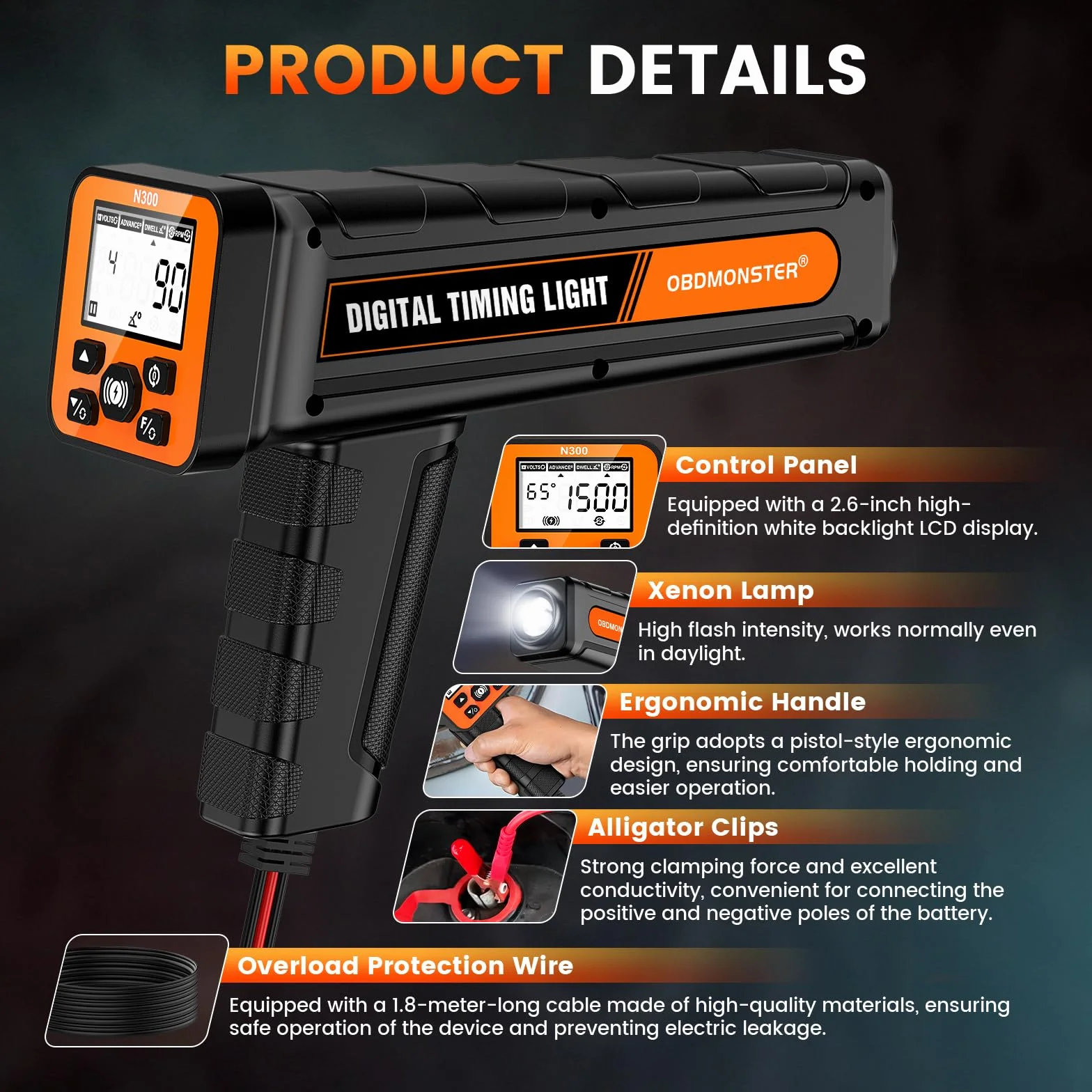 Pistola per luci di accensione 12 V, lampada stroboscopica digitale con angolo di chiusura e prova di tensione/Advance & RPM per motori a benzina a 2 tempi e 4 tempi, per auto, moto, marina
