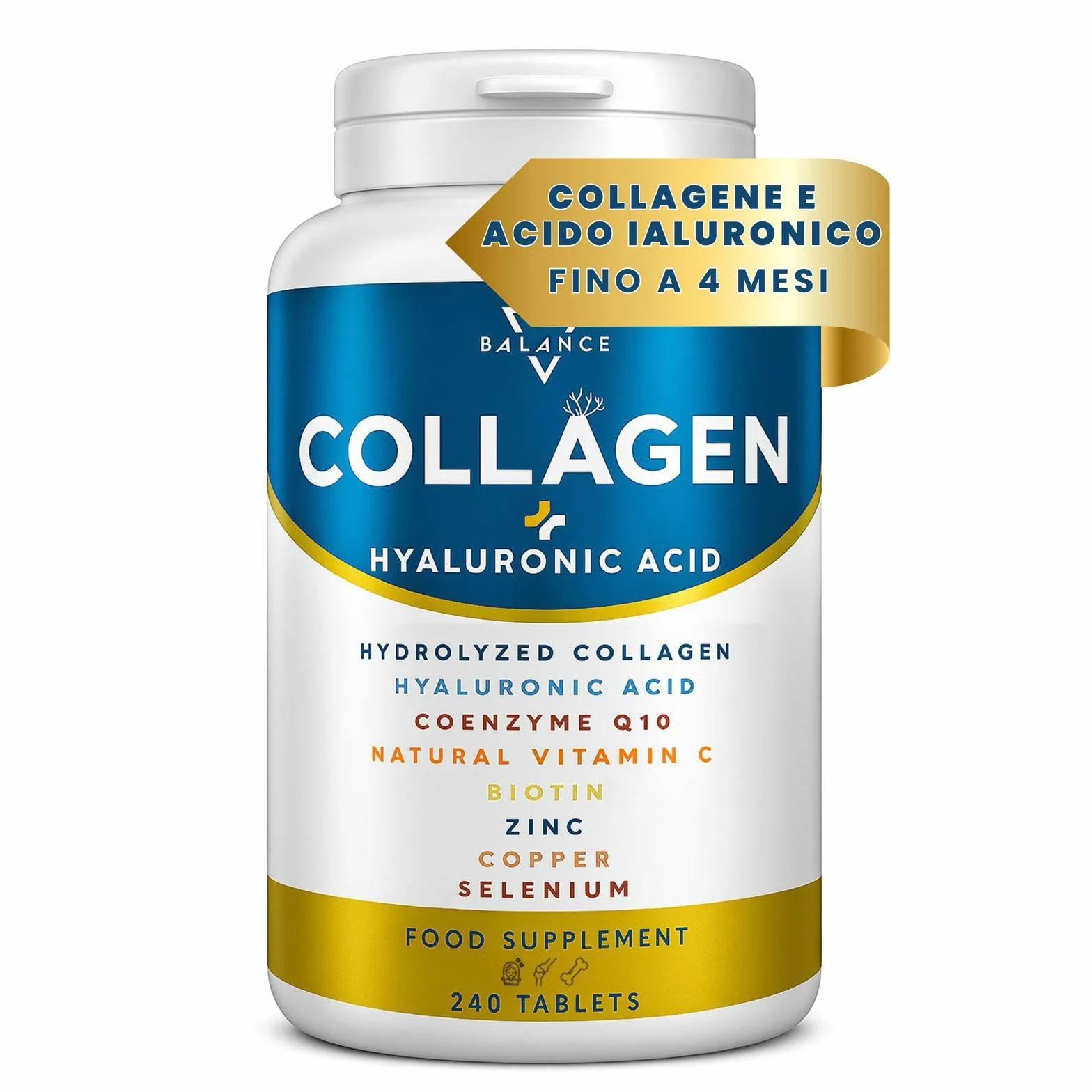 Collagene Idrolizzato 2000mg 240 Compresse con Acido Ialuronico, Coenzima Q10, Vitamina C, Biotina e Zinco