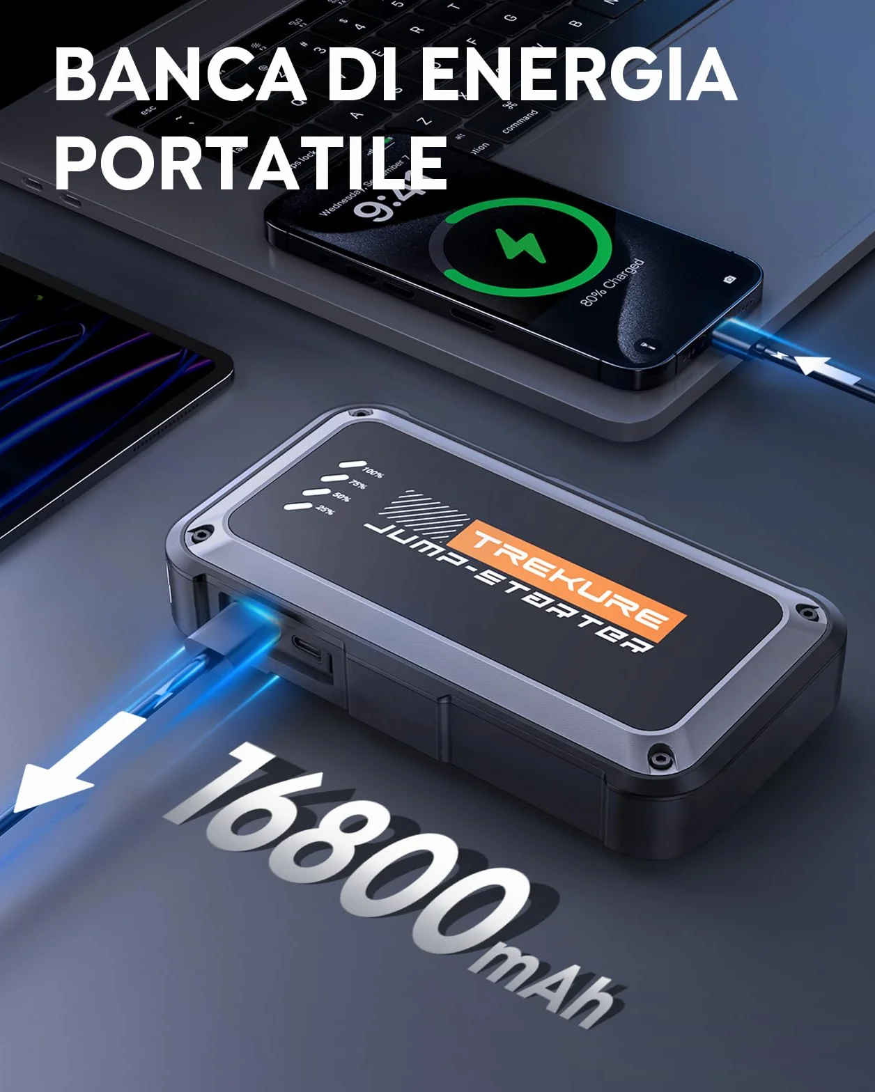 TREKURE Avviatore Batteria Auto 5000A 16800mAh 12V Booster Avviamento Portatile per Motori 9.0L Benzina 8.5L Diesel