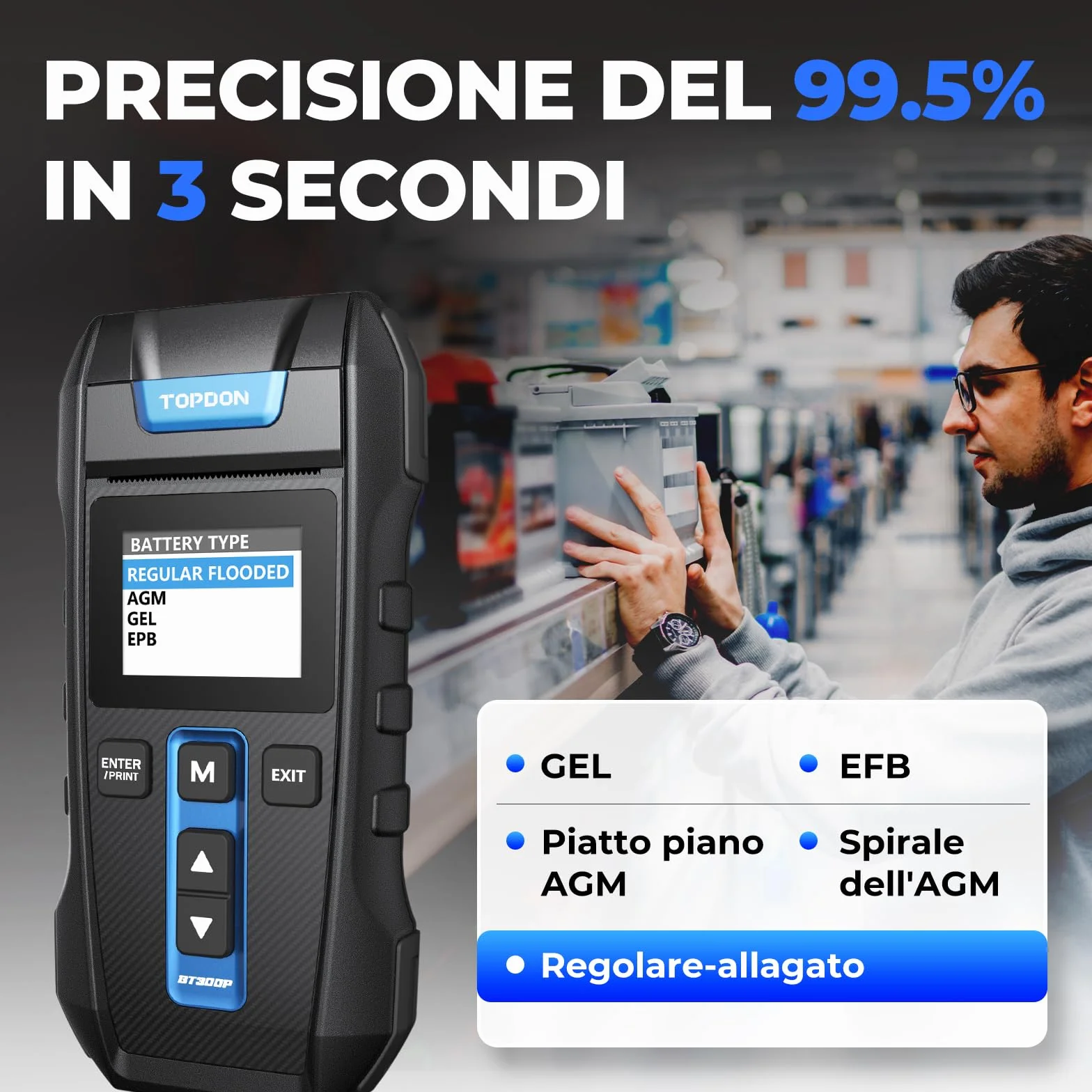 TOPDON Tester Batteria Auto BT300P, 12V 24V 100-2000 CCA Tester per Batterie con Stampante Incorporata, per Test Batterie/Caricabatterie/Sistemi di Ricarica, Adatto per Auto/Solidi/Autocarri Leggeri