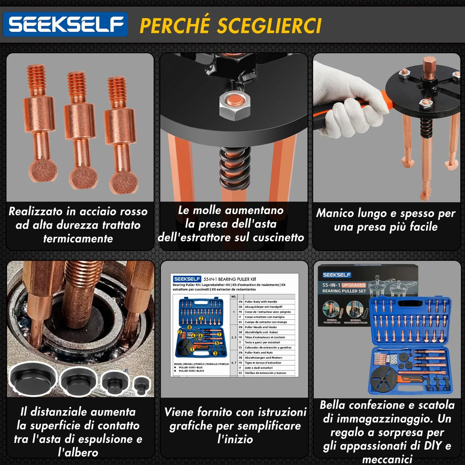 Kit estrattore per cuscinetti 55 in 1, set estrattori fori ciechi, rimozione cuscinetti interni ed esterni