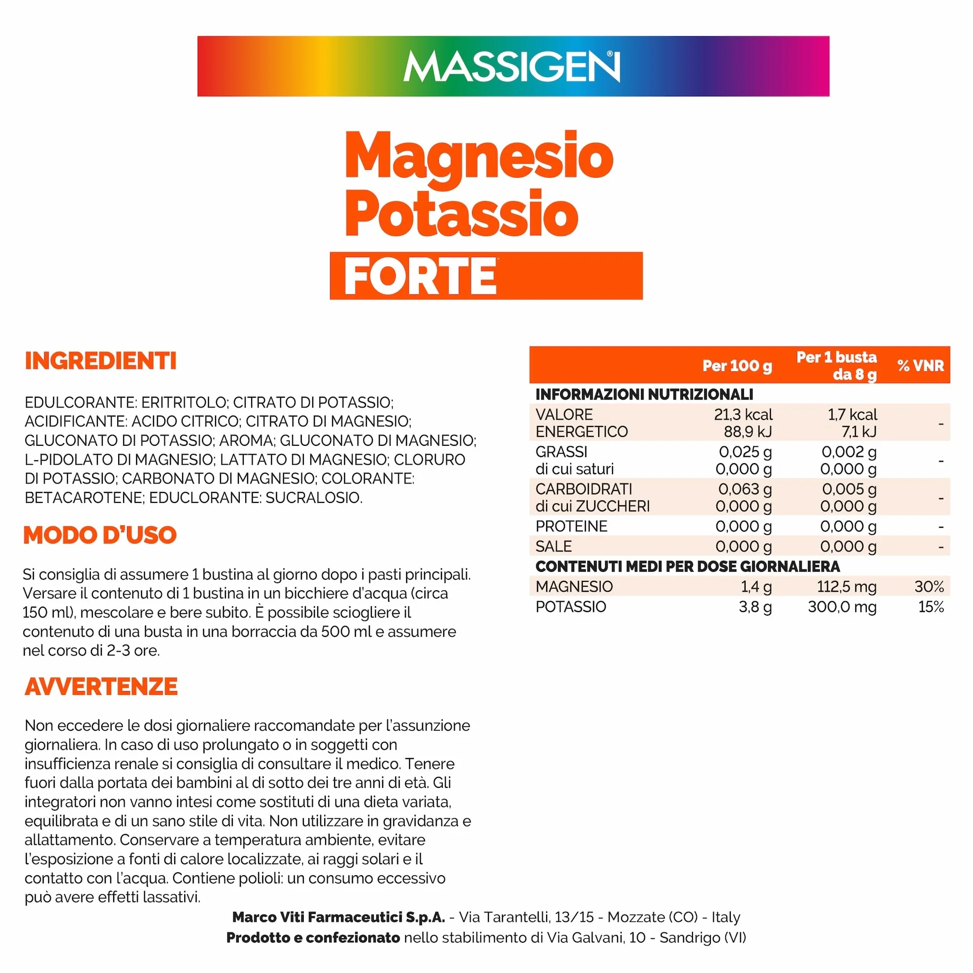 Massigen Magnesio e Potassio Forte Zero Zuccheri Gusto Arancia Rossa Integratore 24 Bustine