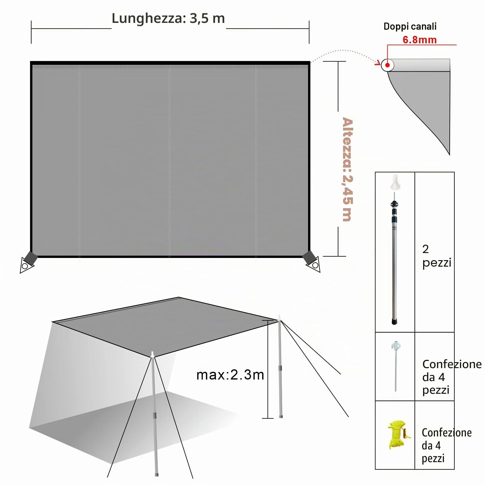 Dulepax tenda da sole per roulotte 3,5 m x 2,45 m impermeabile 3000 mm UV resistente