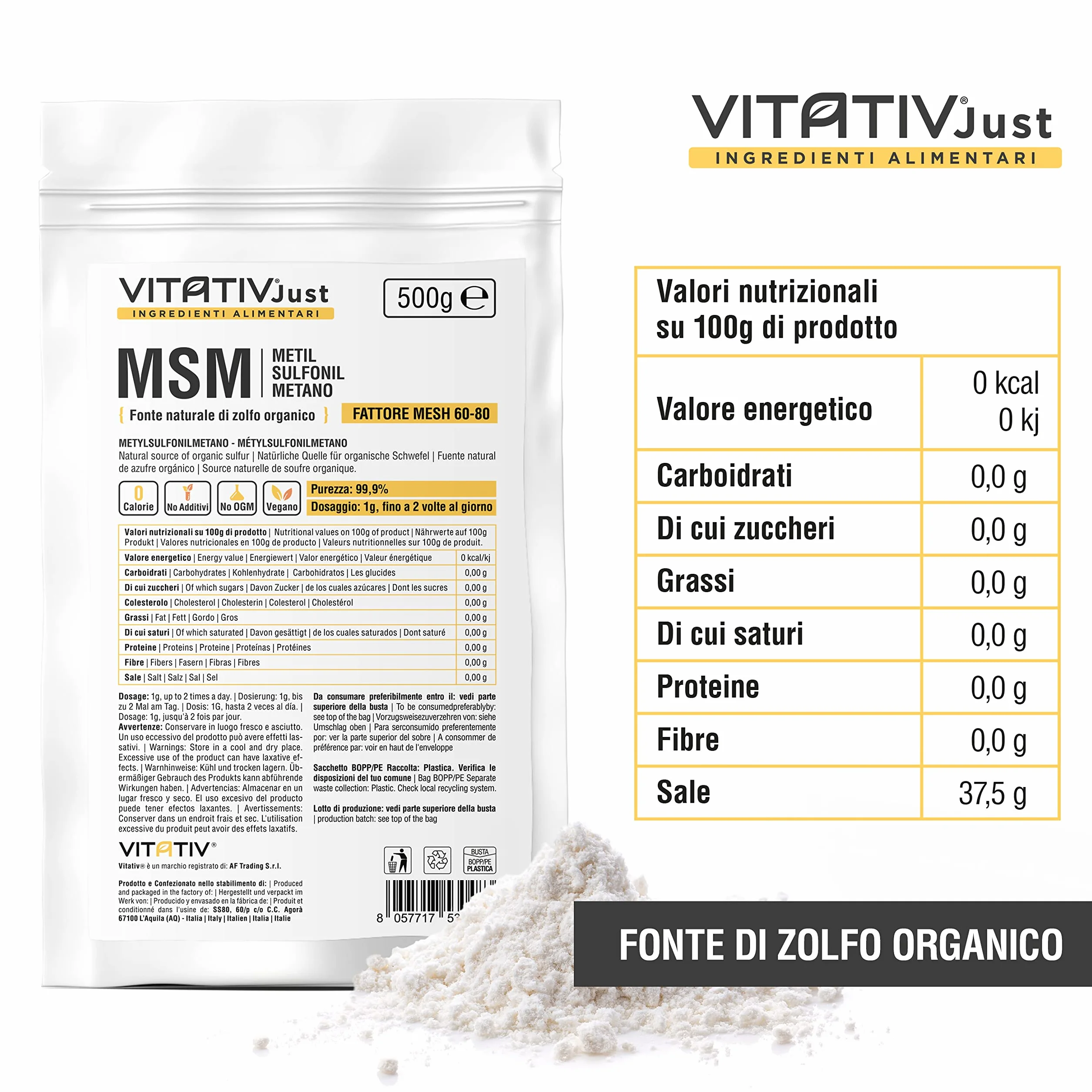MSM Metilsulfonilmetano In Polvere Puro 99,9% Fattore Mesh 60-80 Zolfo Organico 500gr