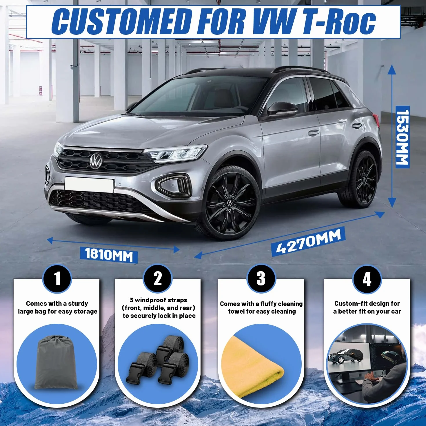 Cowtcver Telo Copriauto da Esterno Compatibile con Volkswagen T-Roc 2017-2026, Telo Copertura Impermeabile Anti-UV Anti Vento Antipolvere, Telo Copri con Cerniera e in Cotone.