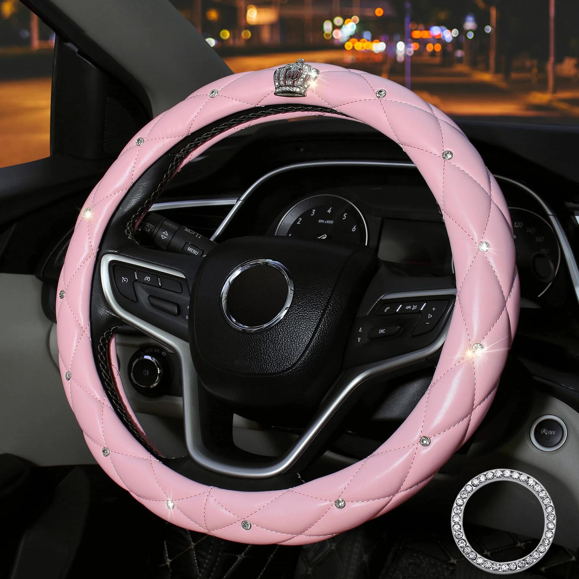 Coprivolante in Pelle Universale 38cm Copri Volante Brillantato Strass Antiscivolo Copristerzo Brillantini Copertura Volante Accessori Auto Interno Donna (Rosa)