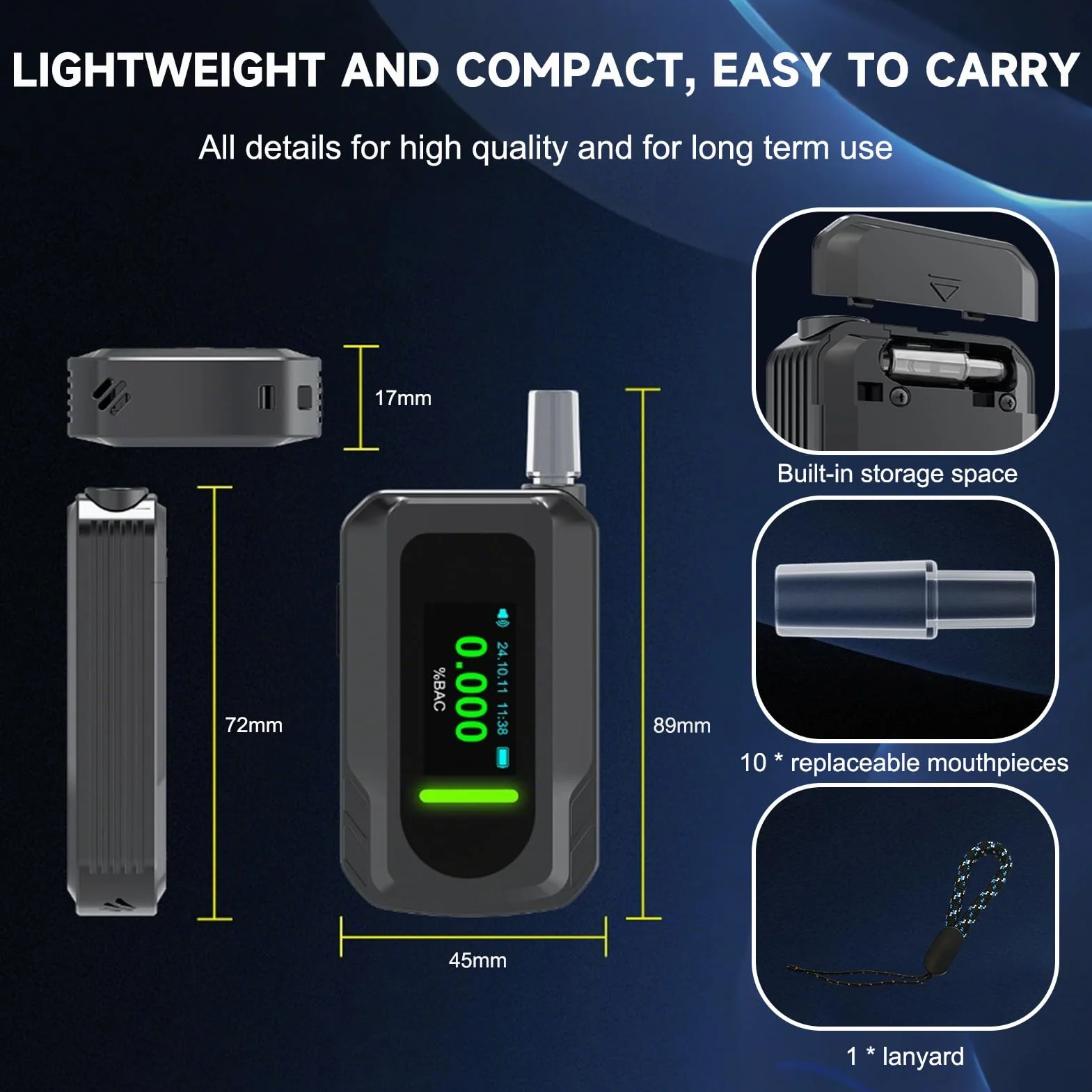 Etilometro Portatile Certificato con Sensore Elettrochimico Ricaricabile USB, Alcol Test Professionale