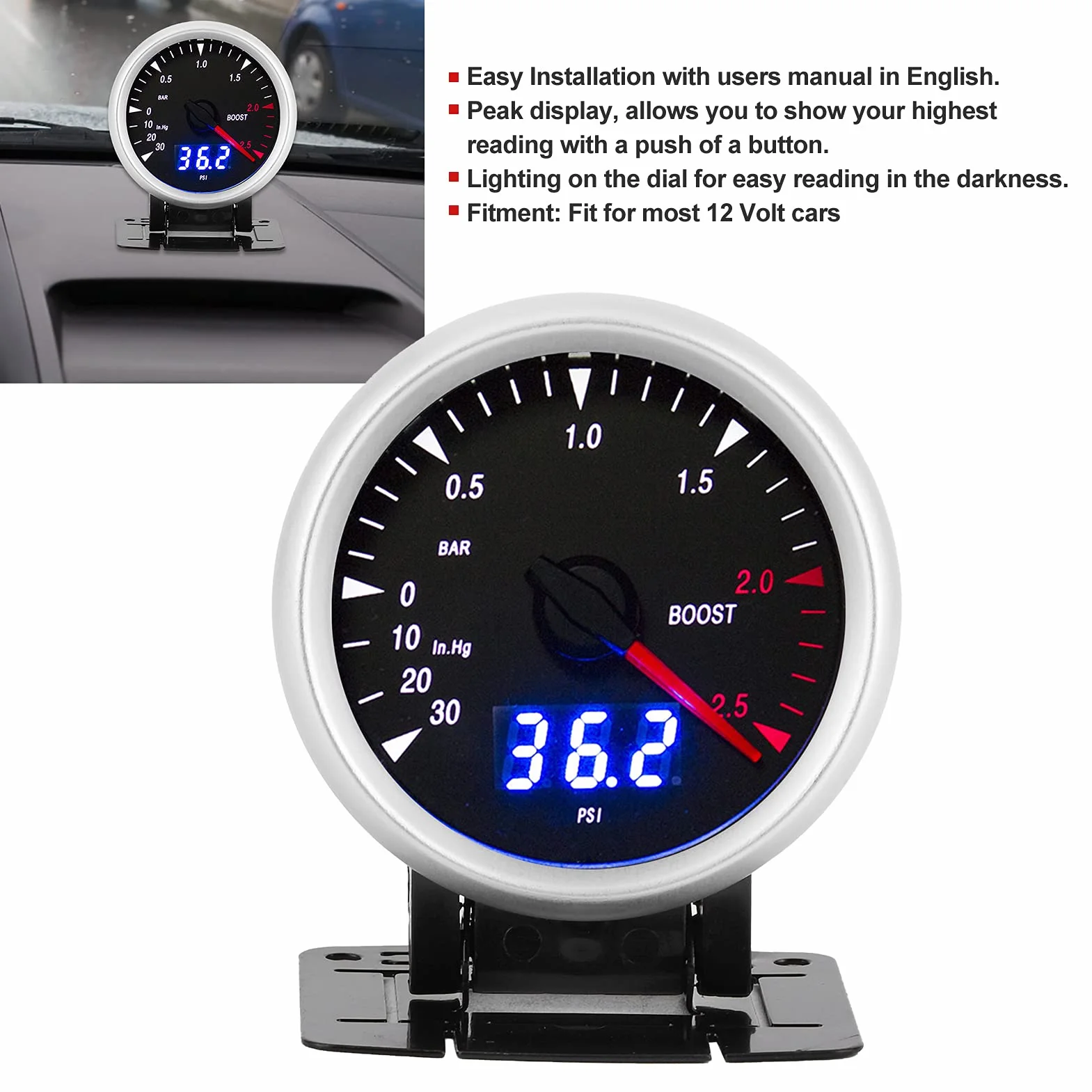 Pressione Turbo Auto 12V Misuratore Turbo Boost 60 mm/2,5 pollici 12 V manometro per aumento del turbo a LED universale - 30-202.5 Controllo indicatore LED a barre