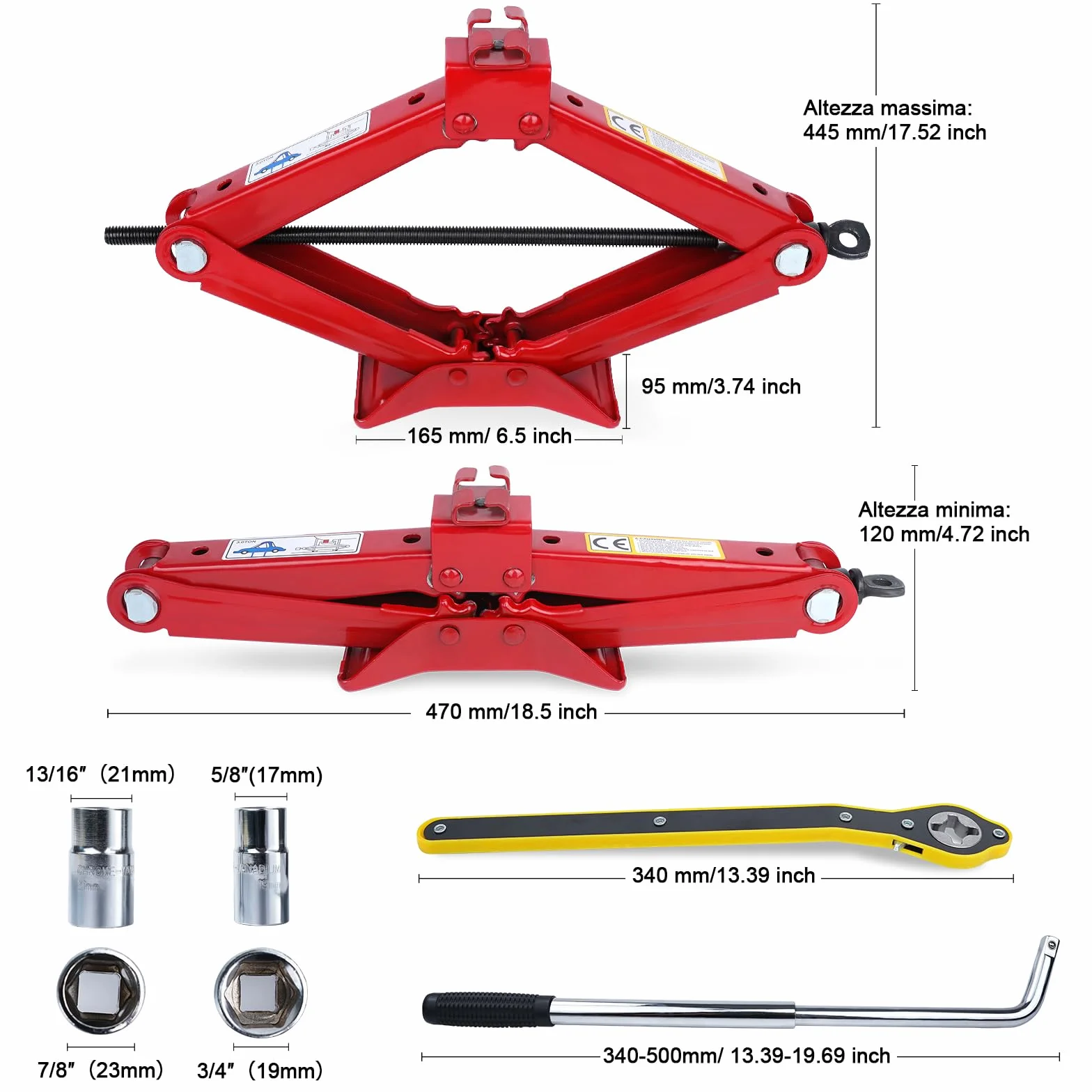 Cric per Auto 3 Tonnellate, Crick Portatile Universale Gamma Sollevamento 120-445 mm per SUV MPV
