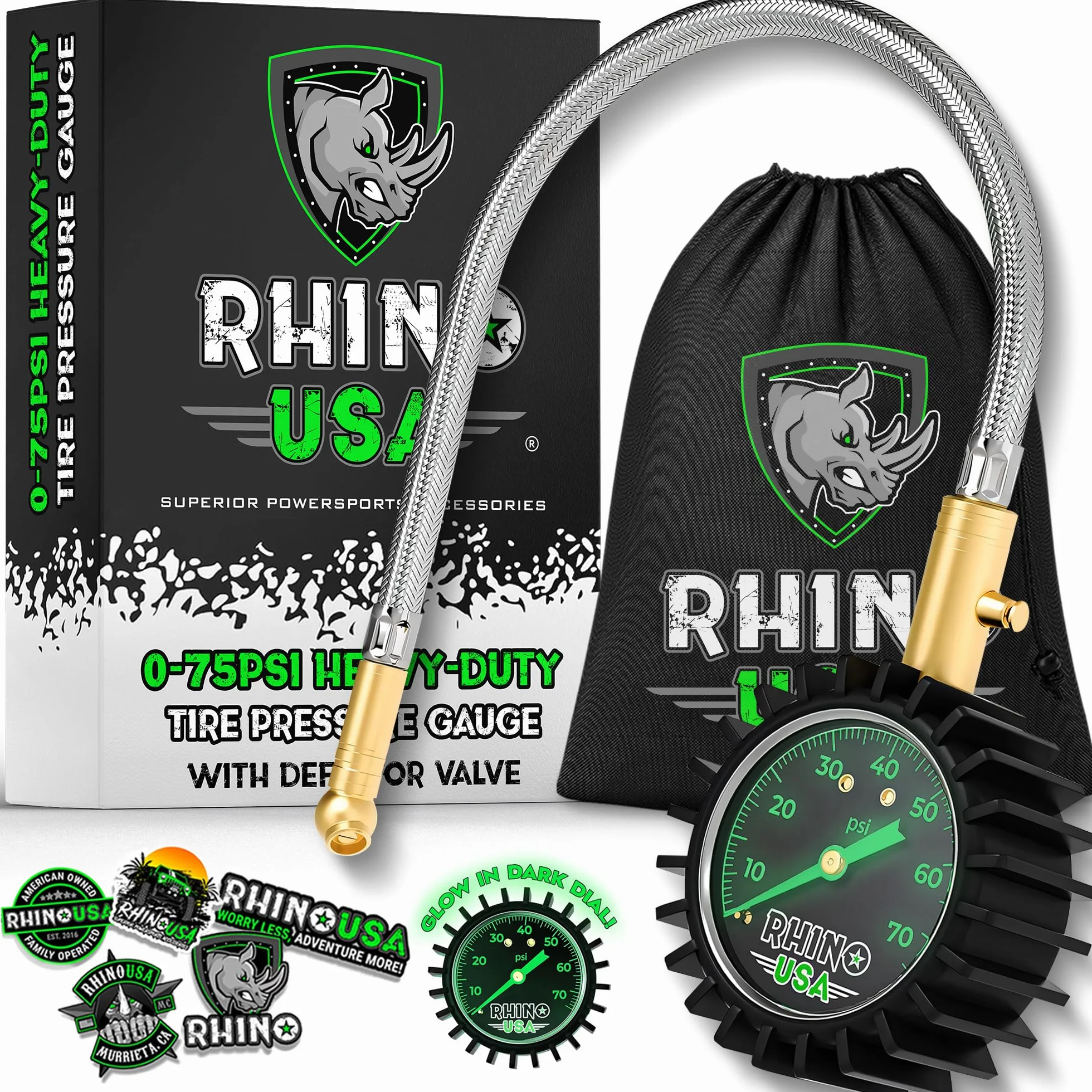 Rhino USA Manometro Pressione Gomme 0-75 PSI - Accuratezza Certificata ANSI B40.1, Quadrante 5 cm - Manometro Auto Camion Moto