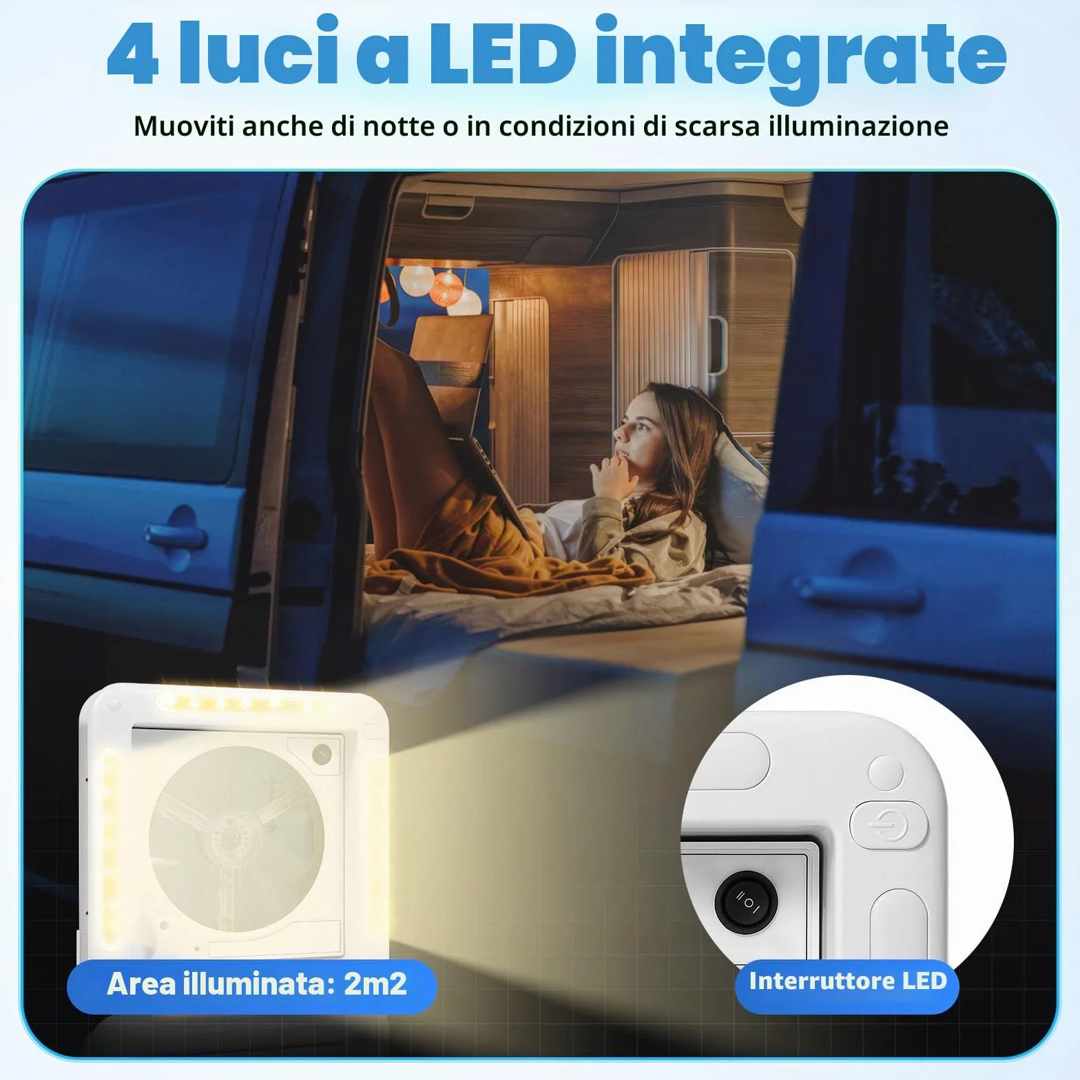 Ventilatore da tetto per camper con luce LED 12V 20-65 dB universale