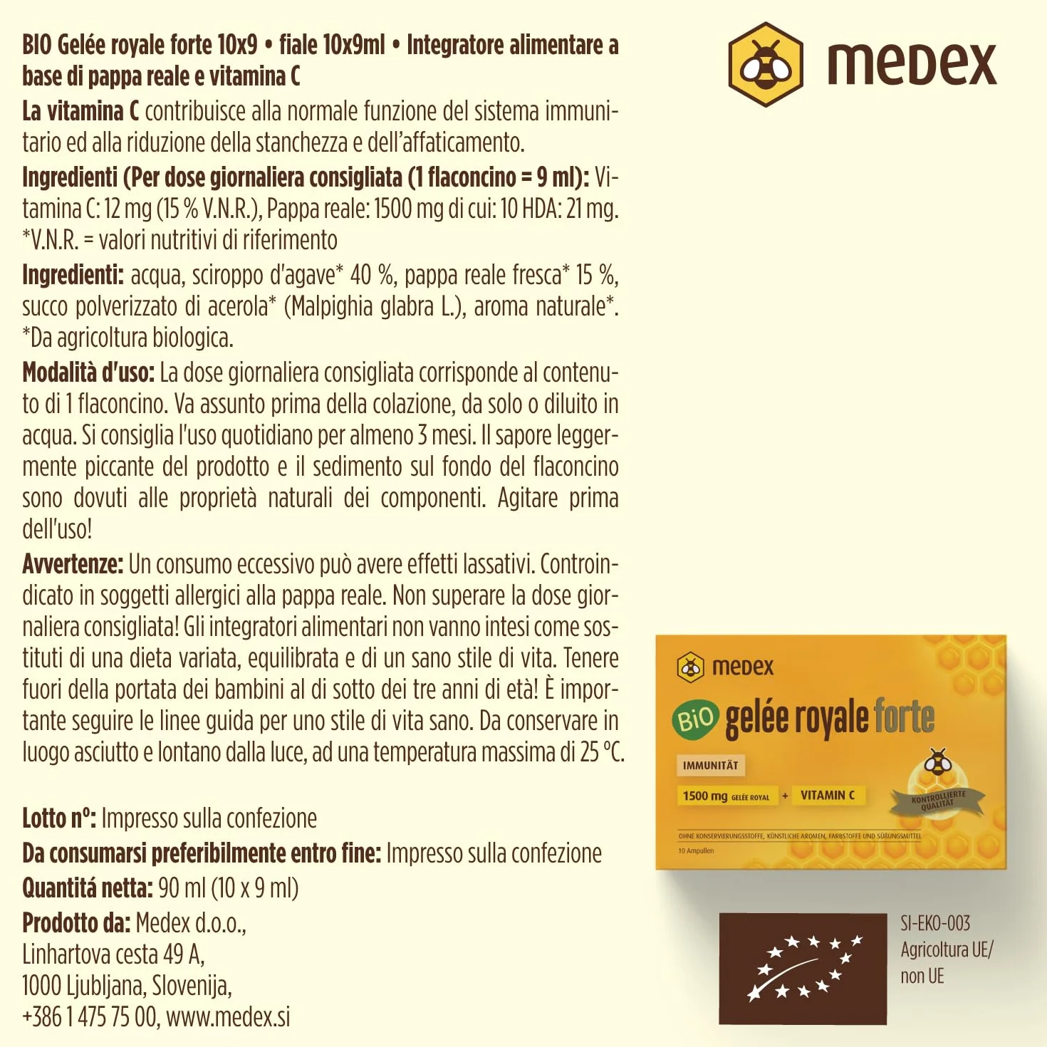 Medex Organic Gelée Royale FORTE, Pappa Reale biologica Extra Forte 1500 mg, Vitamina C Naturale, 10x9 ml
