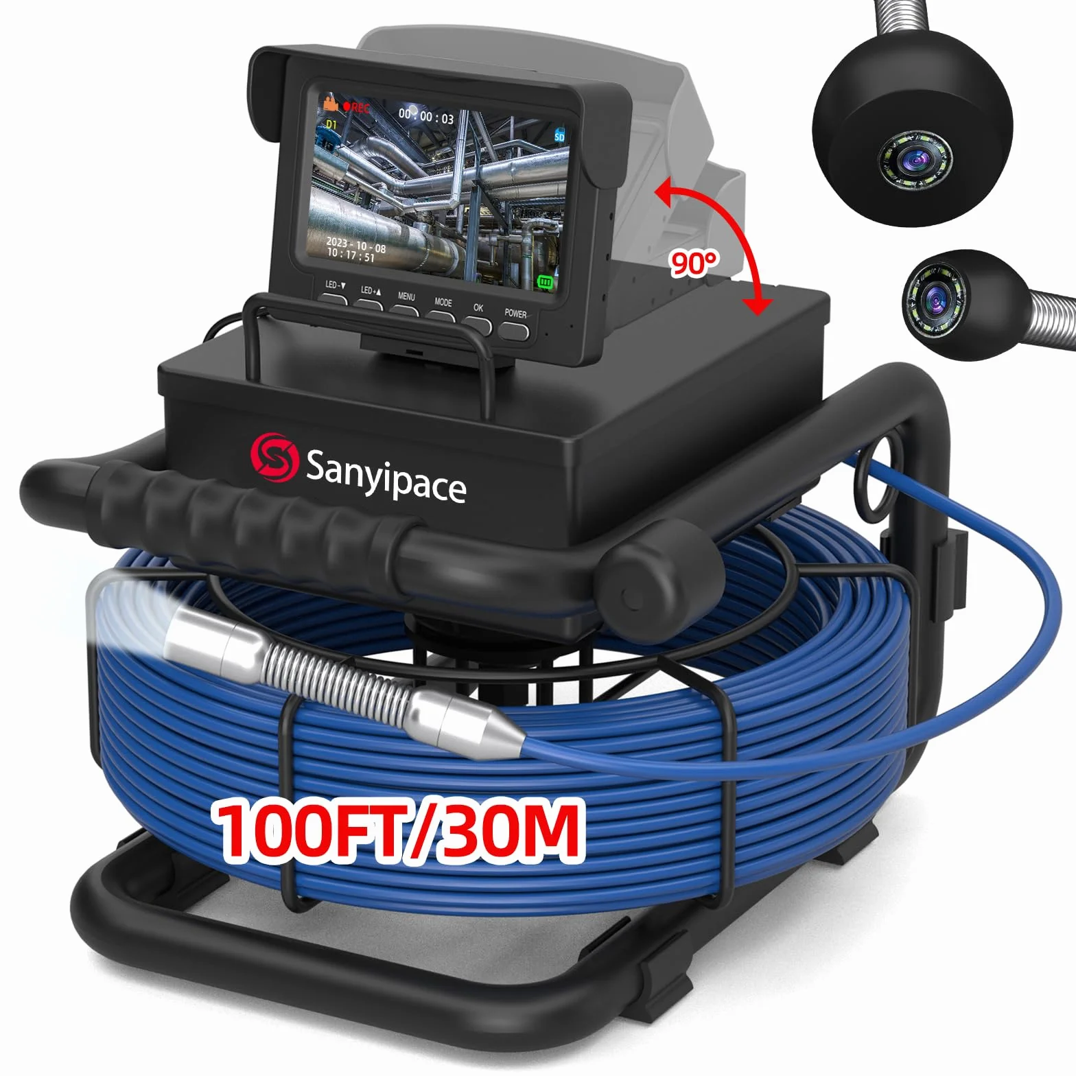 Sanyipace Telecamera di Ispezione 30m con DVR per Tubi Fognature, Batteria 5600 mAh, 8 LED Regolabili, 32GB