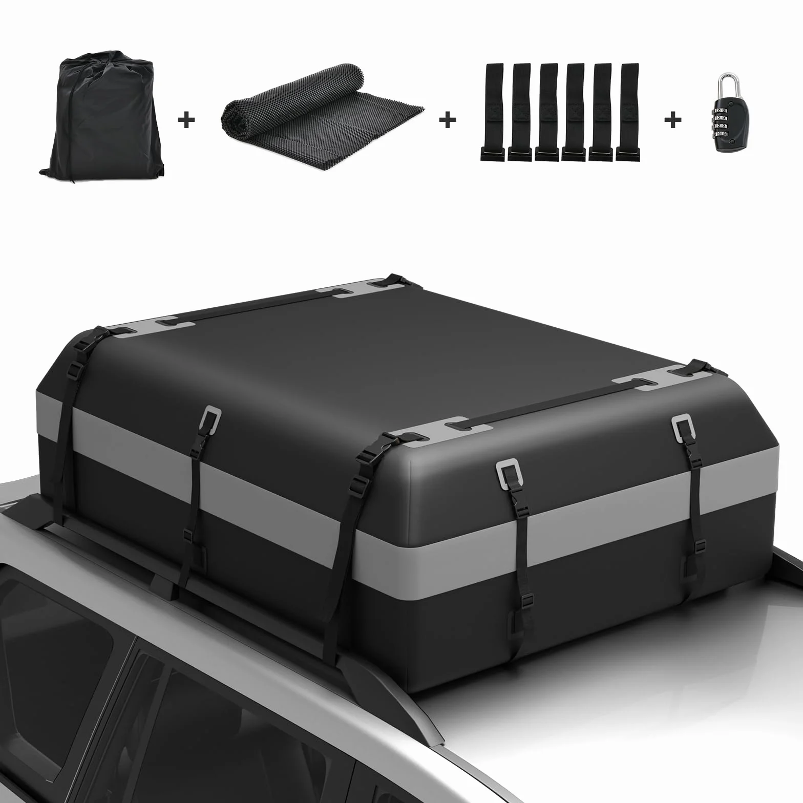 COSTWAY Borsa da Tetto per Auto Impermeabile 21Cu.Ft/595L, Box Tetto Universale con Tappetino Antiscivolo+ 12/14 Cinghie+ 6 Ganci, Sacca per Auto con/senza Barre Portapacchi (Grigio, 21Cu.Ft/595L)