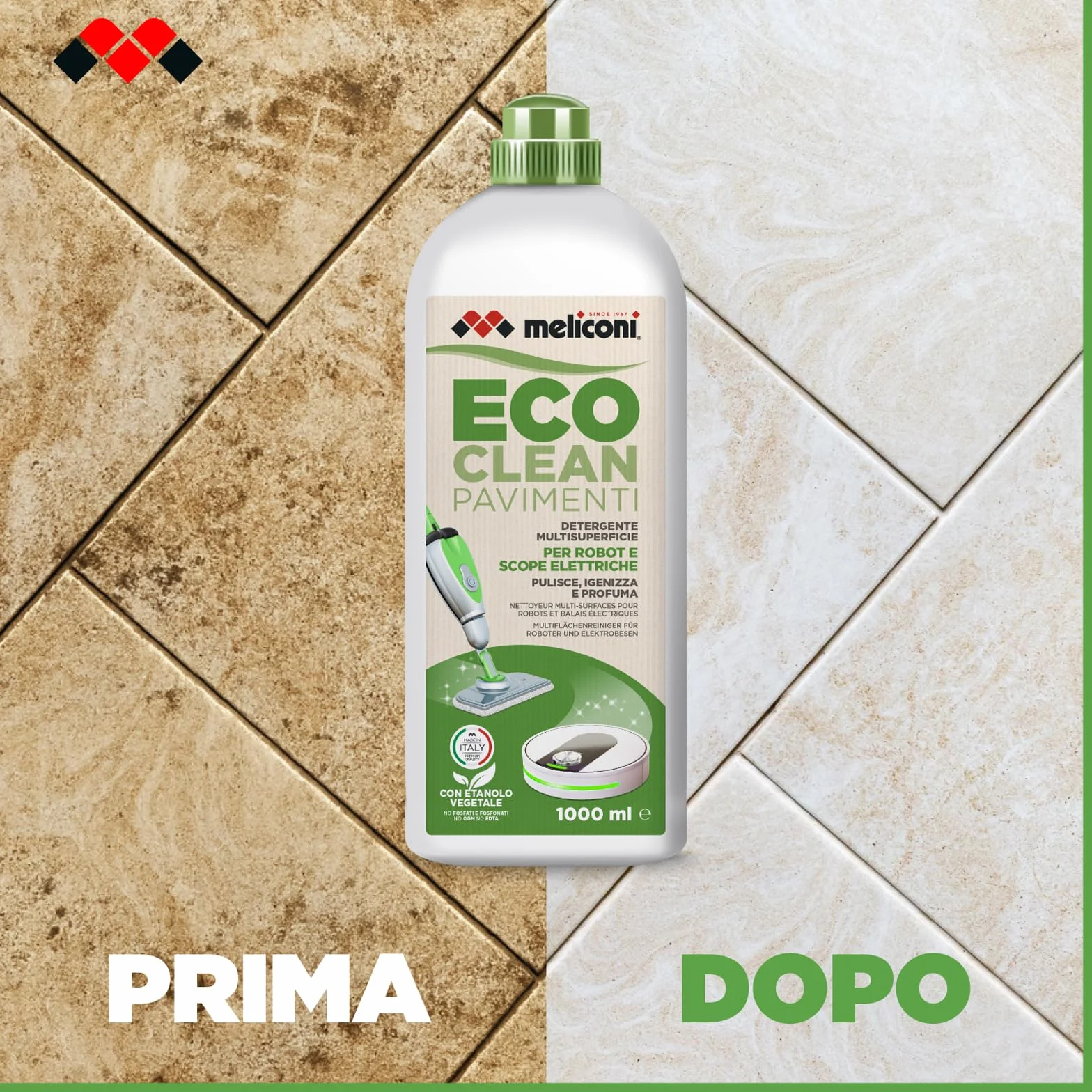 Meliconi ECOCLEAN Detergente Pavimenti per Scope Elettriche e Robot Lavapavimenti Naturale Universale Legno Piastrelle Laminati