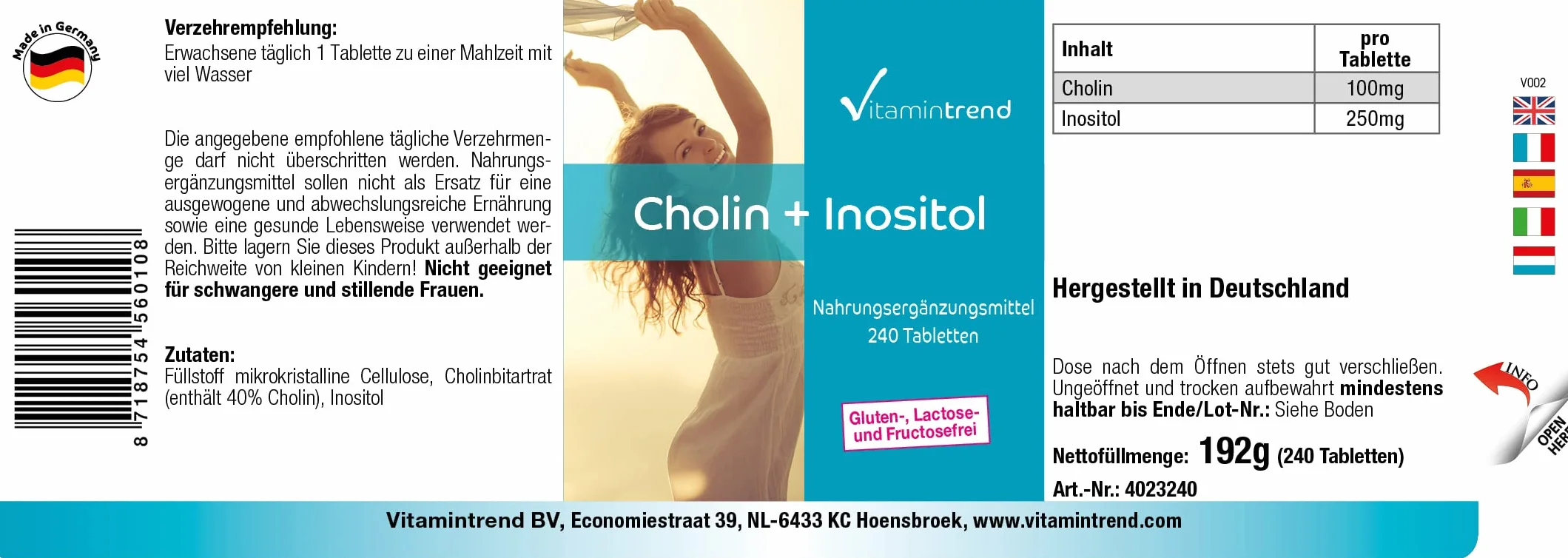Vitamintrend Colina 100 mg + Inositolo 250 mg, 240 compresse integratore alimentare vegano