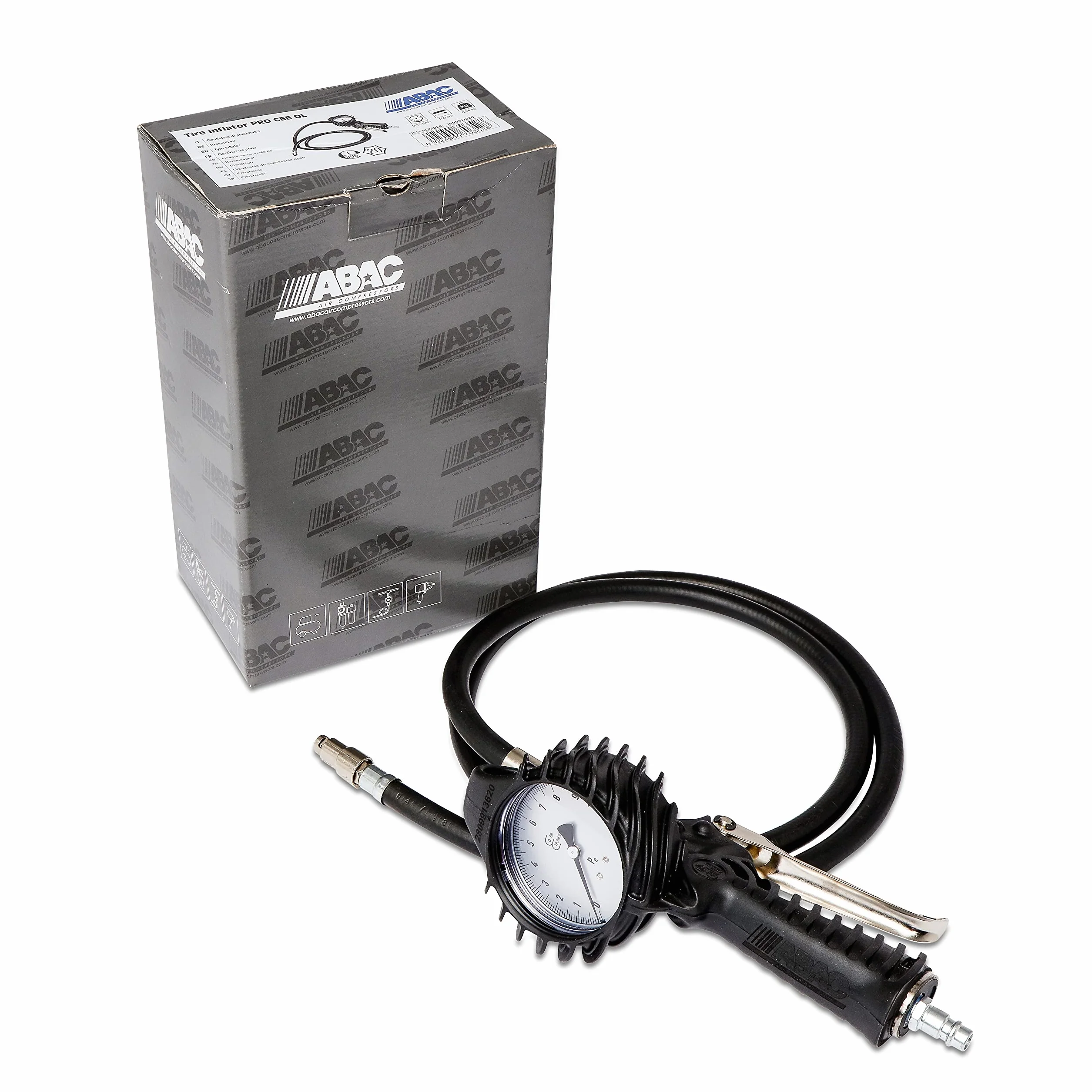 ABAC Gonfiagomme PRO - Approvato CEE - Manometro 80 mm - Tubo flessibile 1,5 m - Uso professionale (auto, camion) - Peso: 0,9 kg