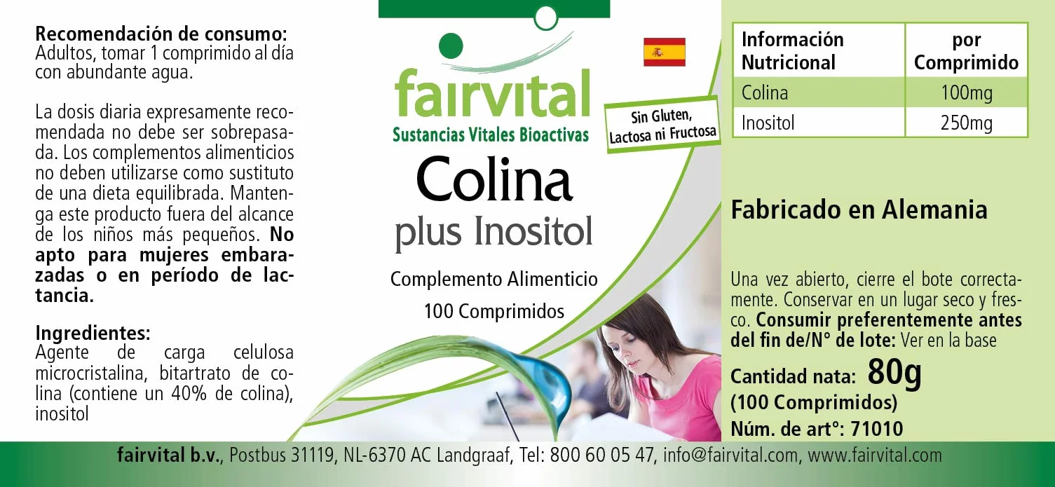 Fairvital Colina bitartrato più inositolo, 100 compresse, alto dosaggio, vegano