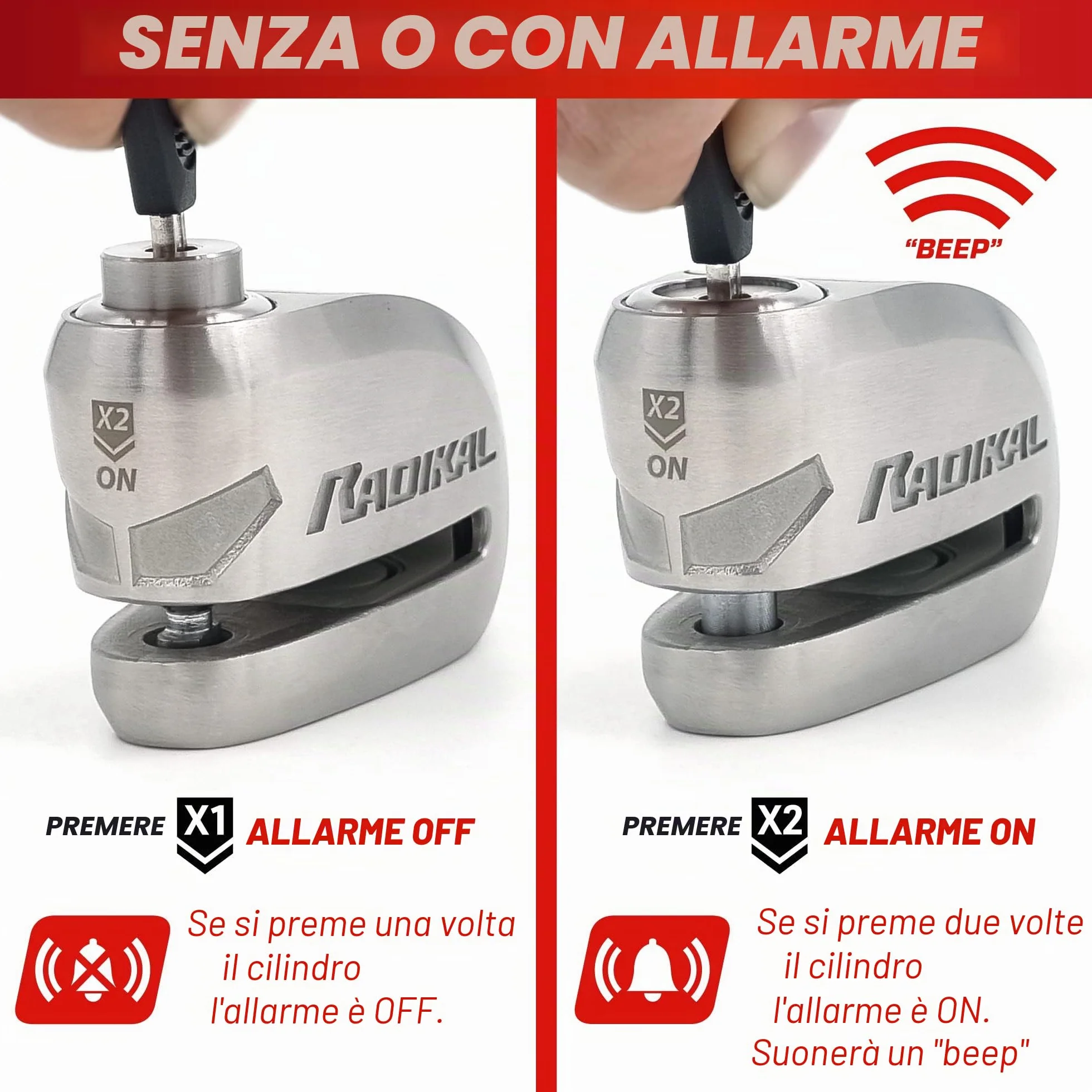 RADIKAL RK910S Bloccadisco Moto con Allarme 120dB ON/OFF, Omologato SRA et Sold Secure, Serratura Alta Sicurezza a Doppia Chiusura 10mm, Batteria Lunga Durata, Acciaio Inox, Antifurto Lucchetto Moto