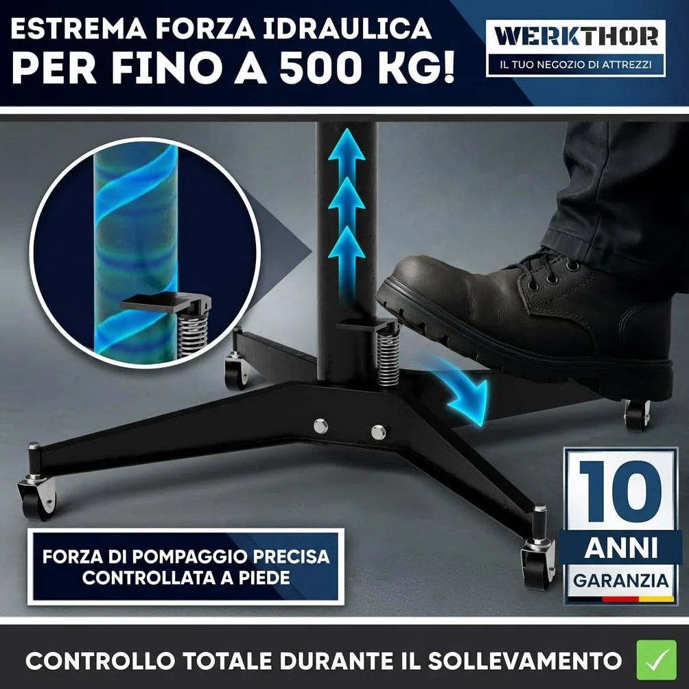 WERKTHOR Sollevatore per ingranaggi 500 kg idraulico regolabile 113-195 cm motore officina arrotolabile 4 ruote pedale nero