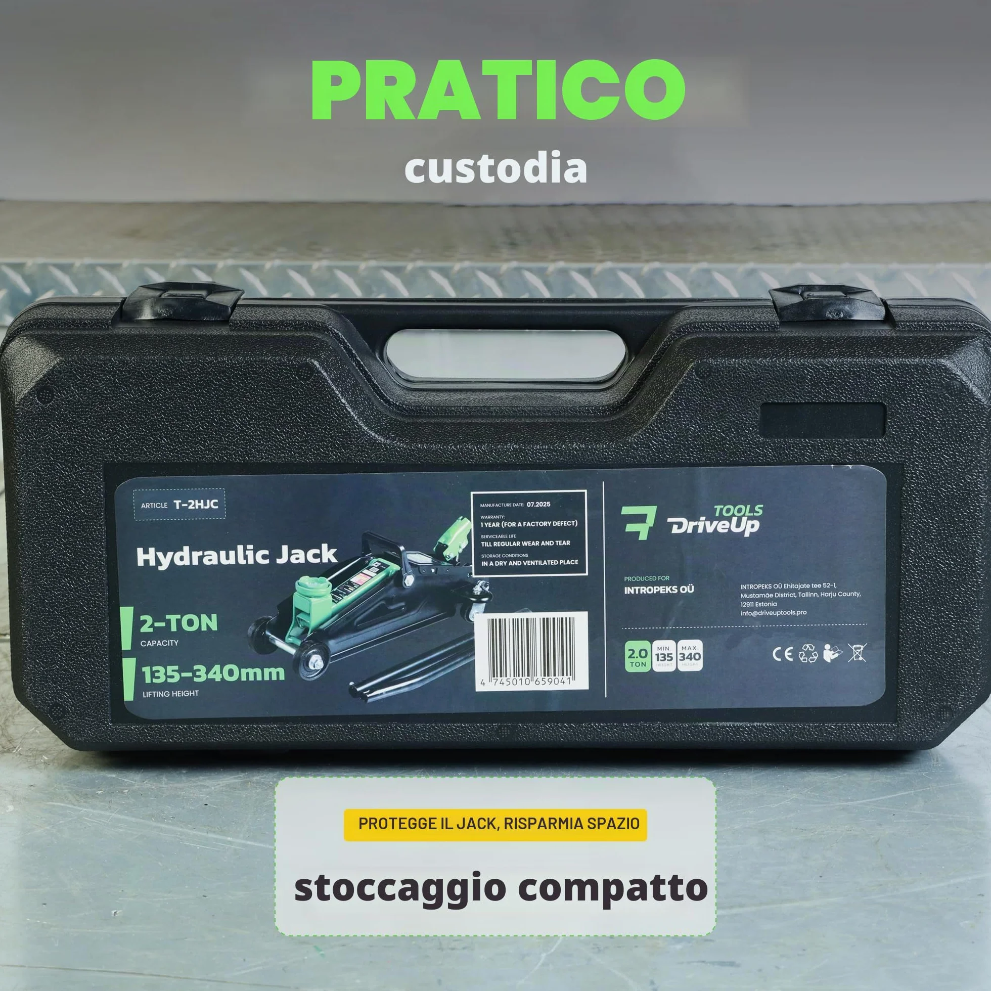 Martinetto idraulico a carrello 2 tonnellate con valigetta, intervallo sollevamento 13,5-34 cm per auto SUV