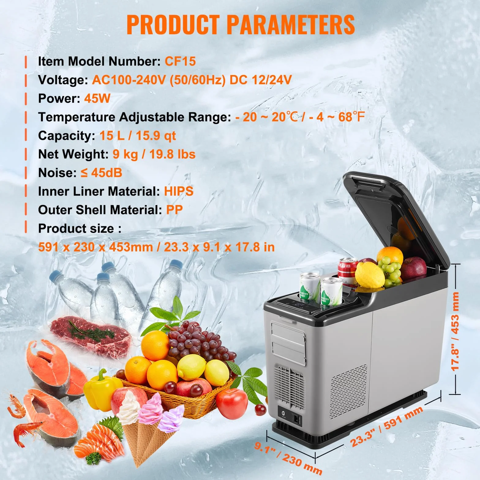 VEVOR Frigorifero per Auto, Frigorifero Bracciolo 12 V, Congelatore Zona Singola 15 L, Gamma Regolabile -20~20 ℃, Raffreddamento a Compressore 12/24 V CC e 100-240 V CA per Esterno, Campeggio