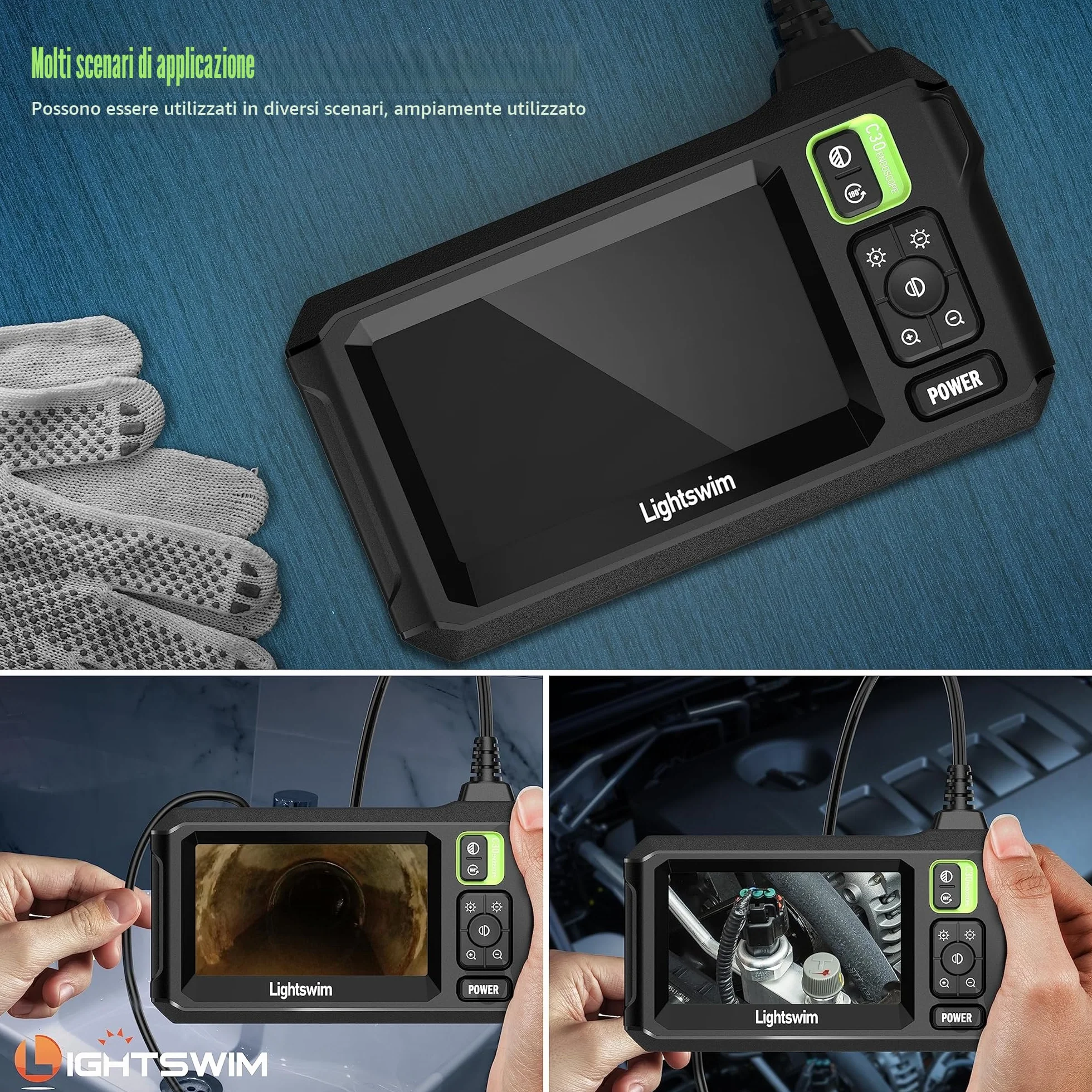 Lightswim Endoscopio industriale HD 1920P 4,3 pollici LCD telecamera ispezione cavo 5m LED