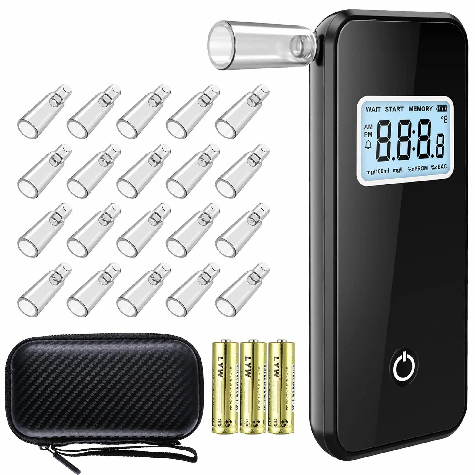 Etilometro, Portatile Test dell'alcool Digitale Professionale, Alcool Test con Precisione Sensore Semiconduttore, LCD Display e 20 Boccagli