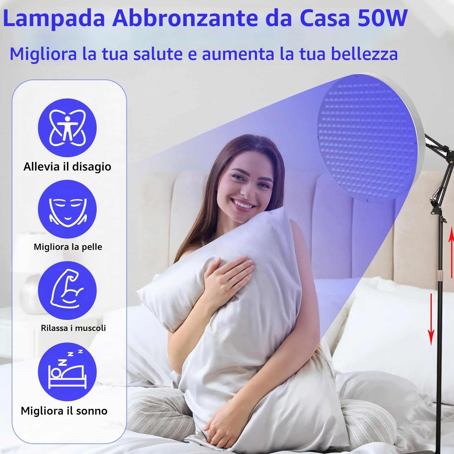Solarium per la Casa 50W 250 LED 460nm Lampada Abbronzante con Supporto Regolabile e Occhiali
