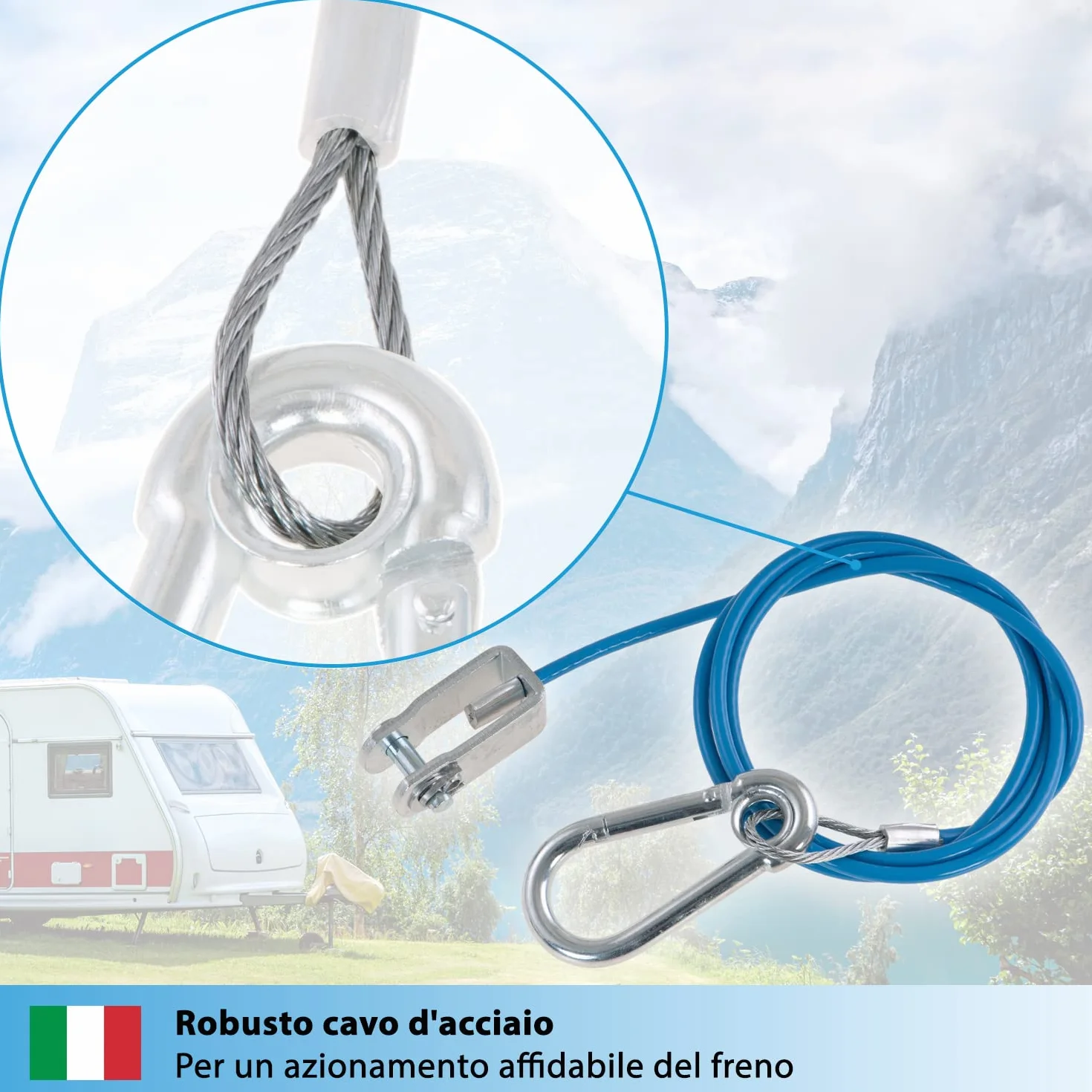 Cavo di sicurezza per rimorchi e caravan 1 m 250 kg blu con moschettone e testa a forcella