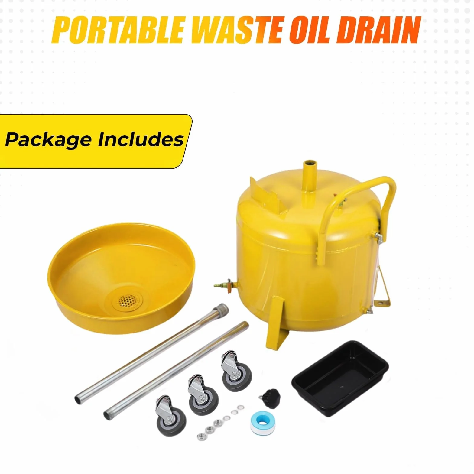 Serbatoio Raccolta Olio esausto 30L per Officina e Garage - Portatile con Ruote - Funzionamento Pneumatico - Altezza Regolabile 71-157cm - Imbuto Largo - Giallo