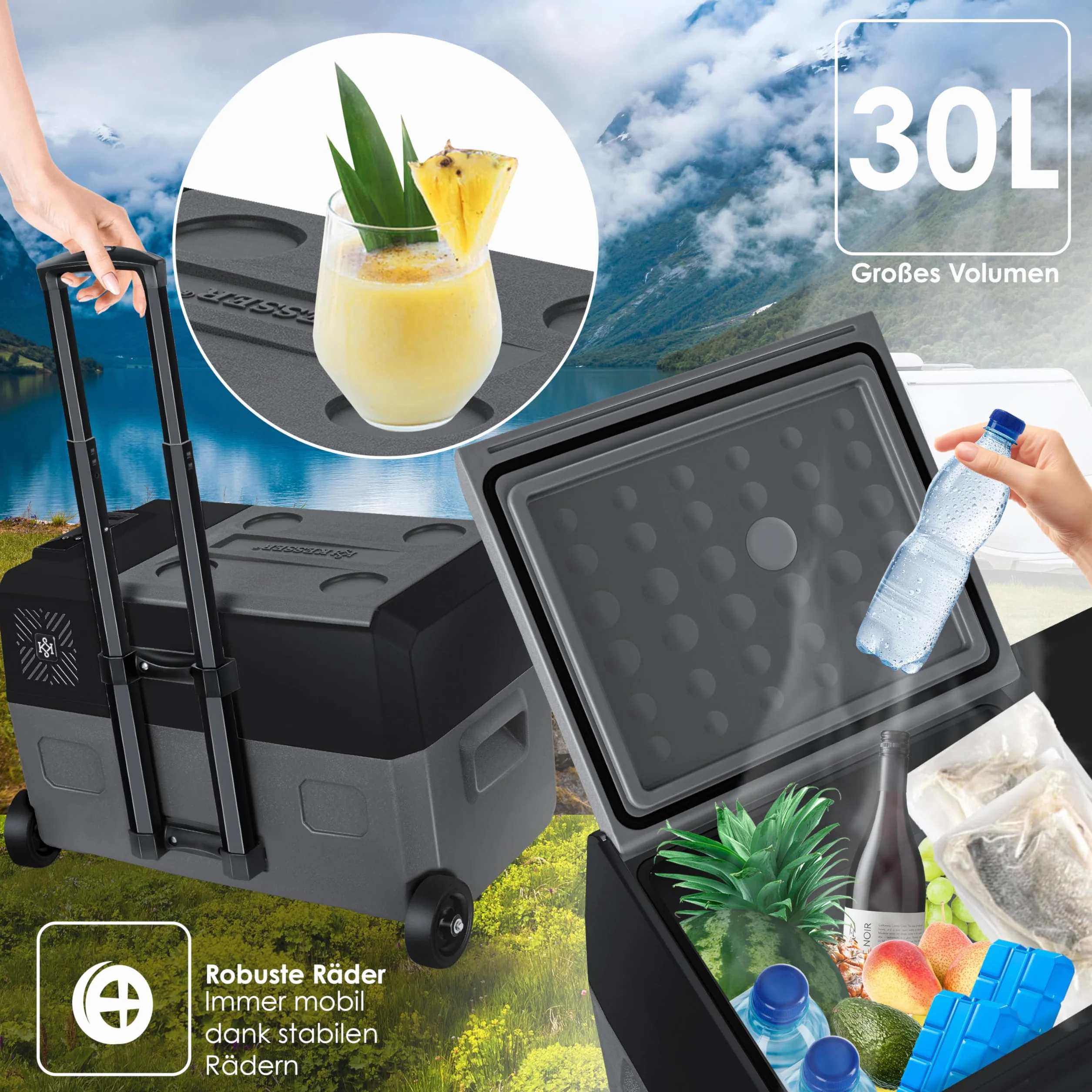 KESSER® Frigobar a compressore 30 litri Frigocongelatore Elettrico con Controllo Tramite App Connessione USB 12/24 V 230 V + Ruote telescopiche Frigorifero Raffreddamento Fino a -20 °C per Auto