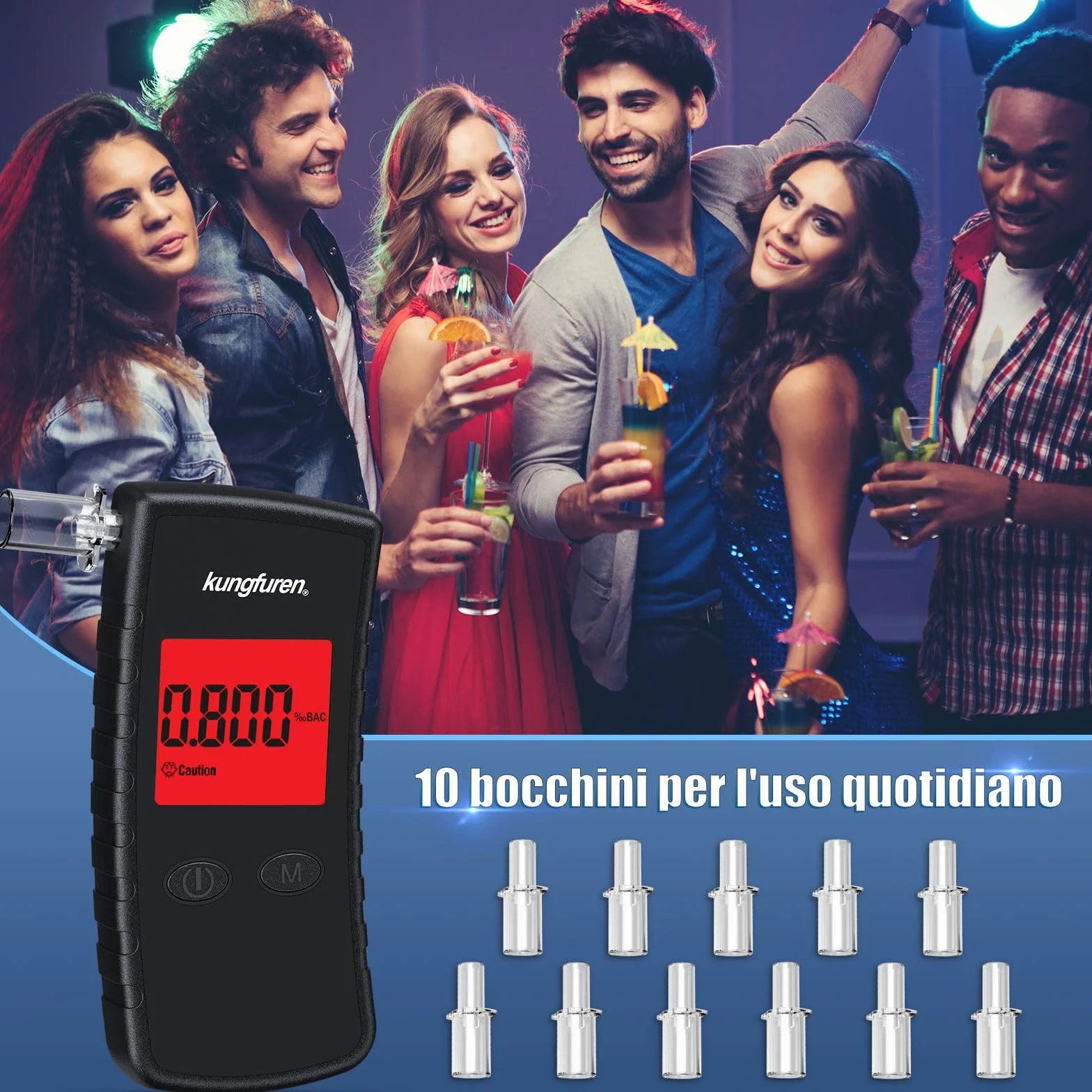 Alcol Test Etilometro Portatile Certificato Digitale Professionale con Display LCD Blu - Tester di Alcool Precisione Grado 11 Bocchini