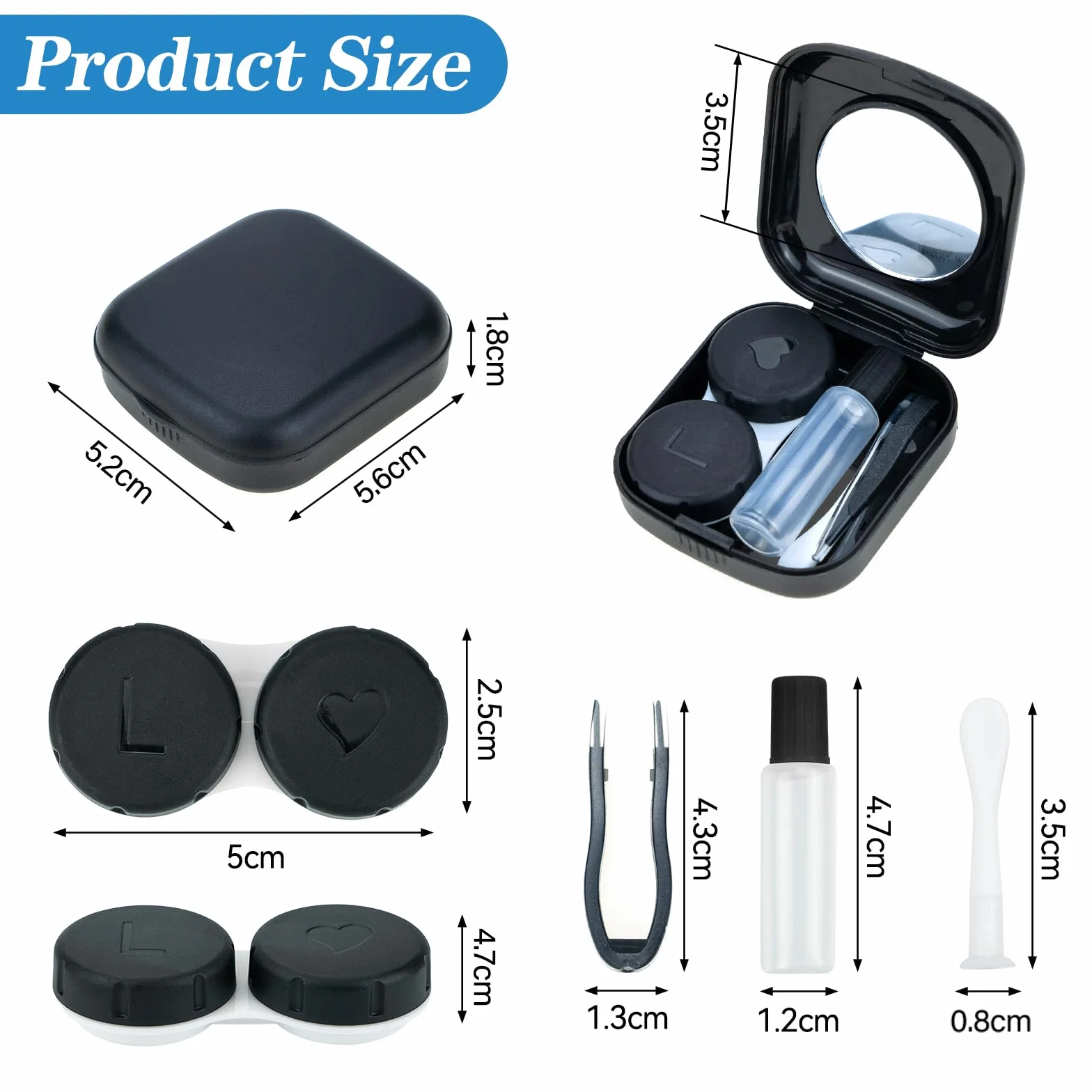 Custodia per Lenti a Contatto con Specchio Set di 2, Porta Lenti da Viaggio Igienica Portatile Nero