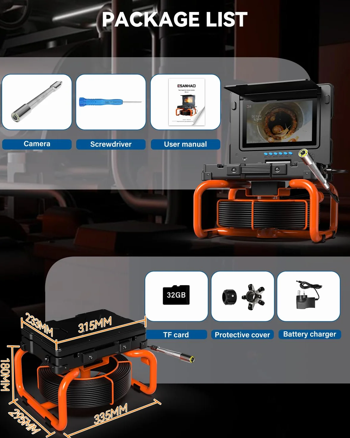 Telecamera Ispezione Tubazioni 9'' HD 1080P Endoscopio con Schermo IPS, Autolivellante, Contatore Distanza, 32 GB