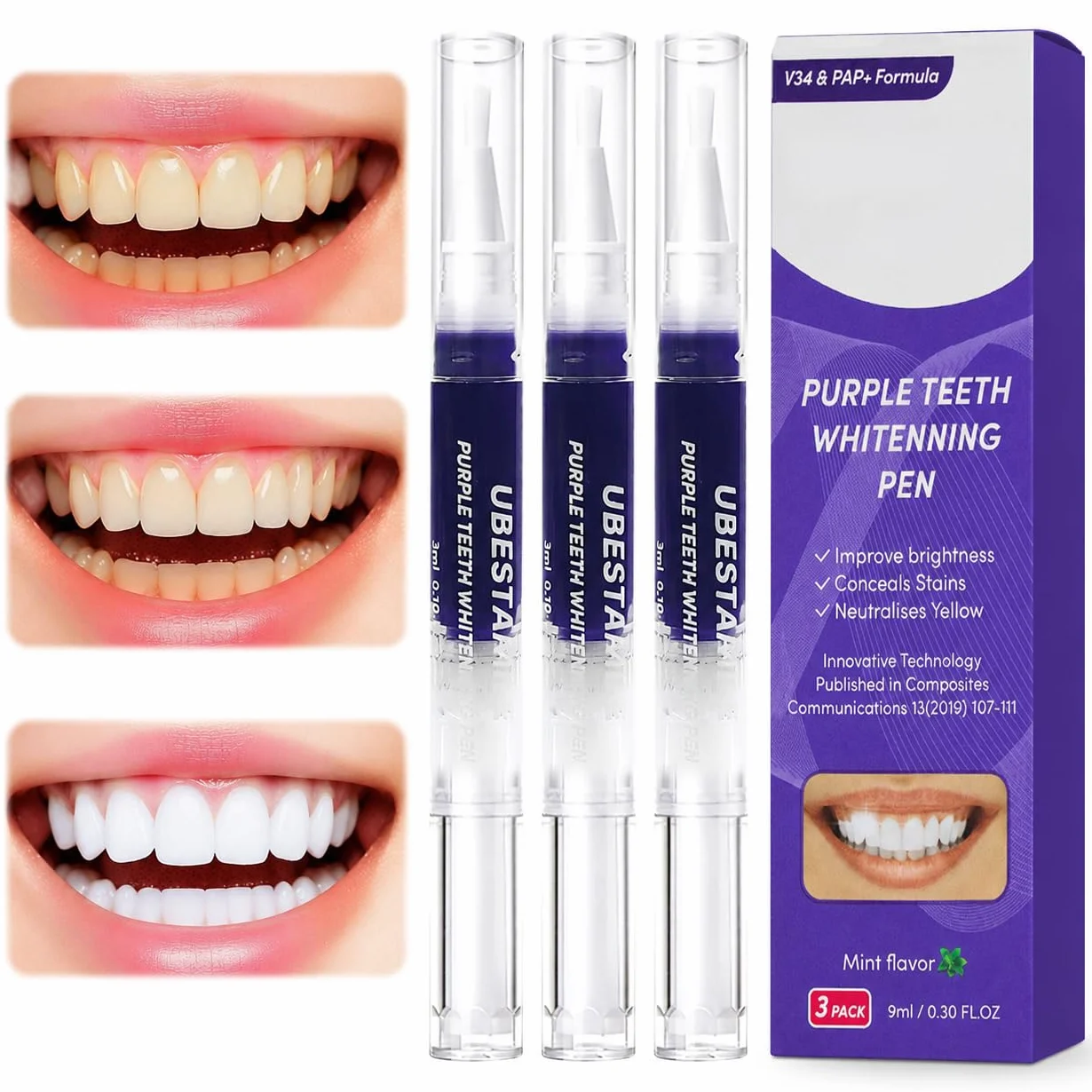 Penna Sbiancante per Denti Professionale, Gel Sbiancamento Dentale 3 Pezzi, Ridurre Macchie da Caffè Tè e Fumo