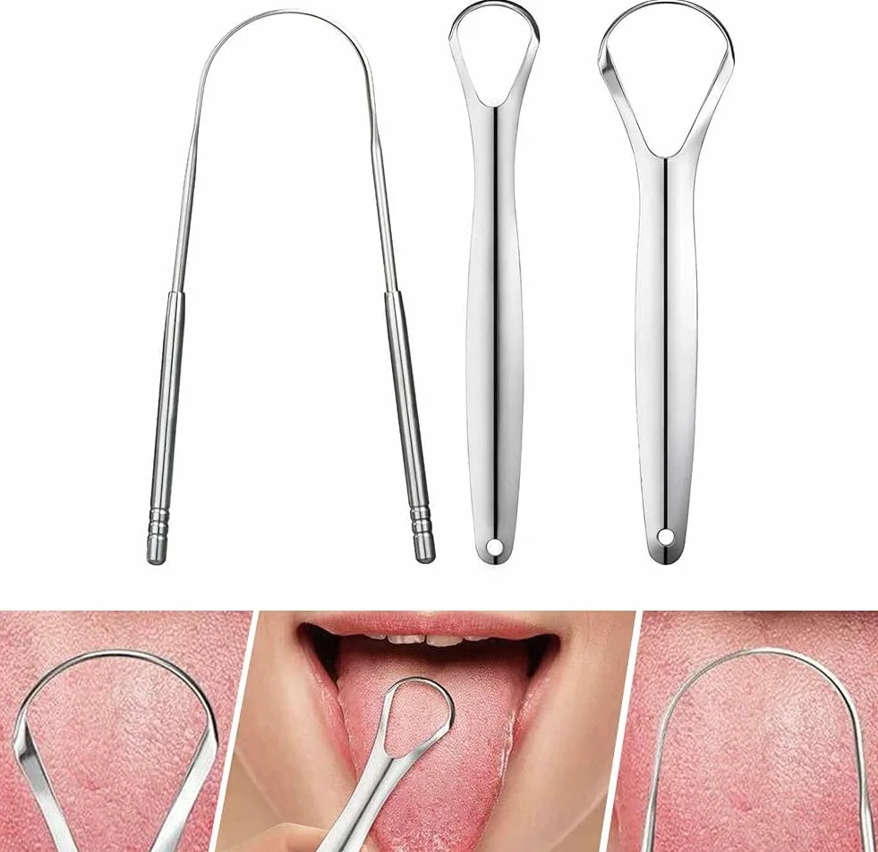 Raschietto per lingua in acciaio inox 3 pezzi kit pulizia orale