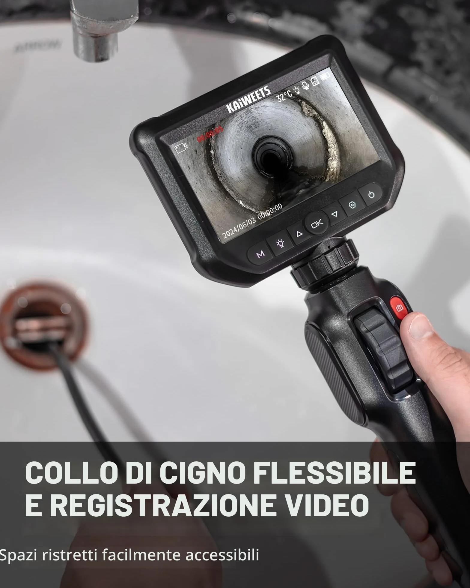 KAIWEETS Telecamera Endoscopica 4.3'' IPS 1080P con Controllo a Rotella Rotazione Bidirezionale 210° Impermeabile IP67 Flessibile Endoscopio