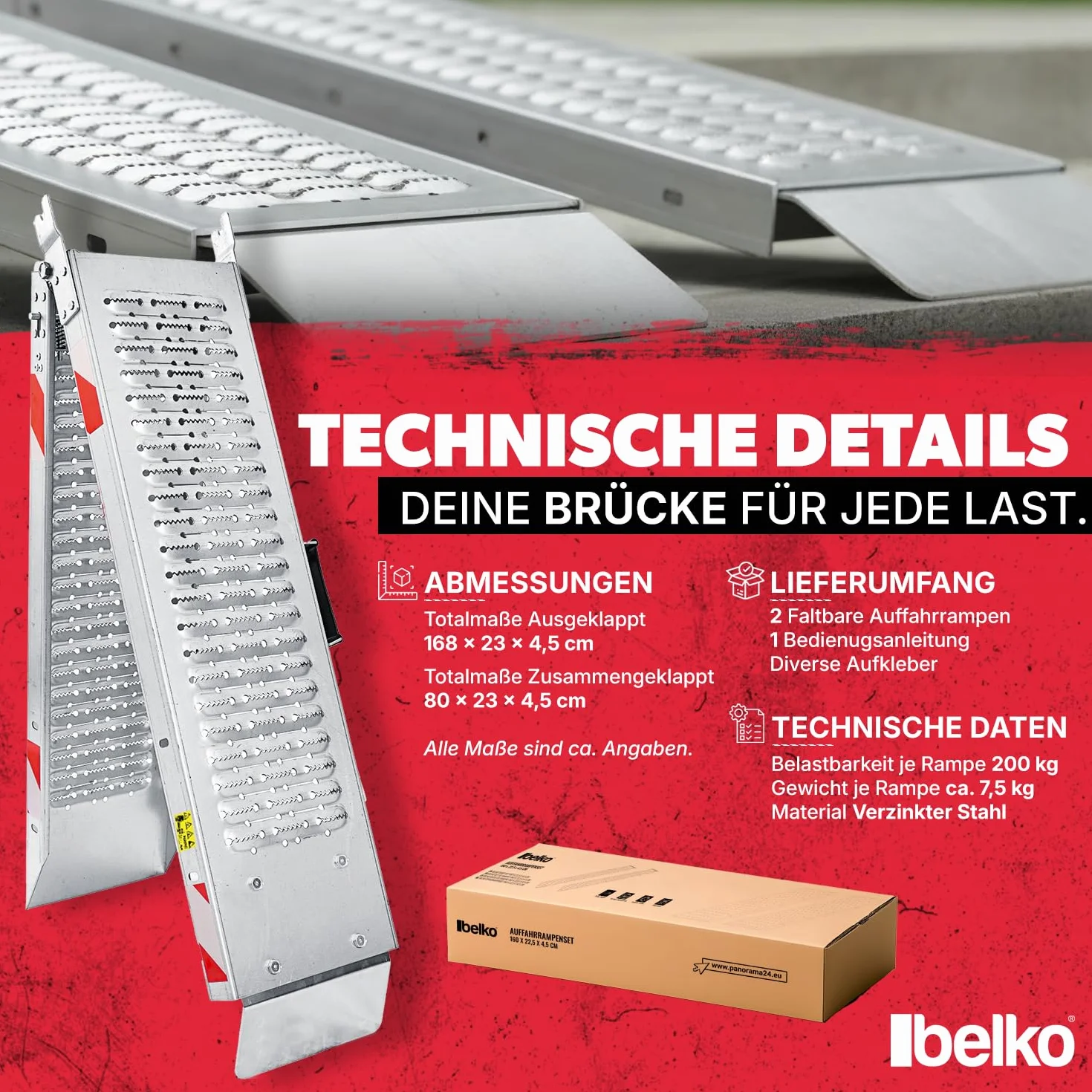 Belko® 2 rampe di carico pieghevoli, portata 400 kg, 168 x 23 cm, pieghevoli, in acciaio zincato, antiscivolo, perforate, per auto, moto, quad, ATV, rimorchio, rampa di carico