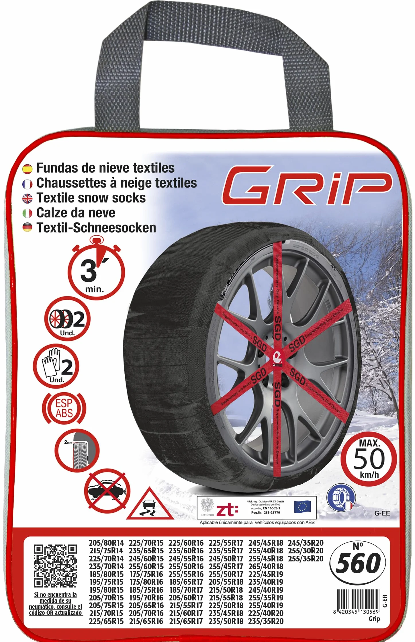 Grip Catene da Neve Tessile Taglia N. 560 Set 2 PZ Guanti Inclusi