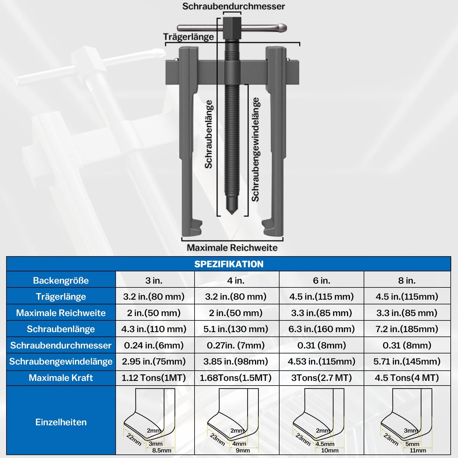 4 pezzi estrattore cuscinetti 20-85mm, estrattore a due ganasce per cuscinetti a ingranaggi, strumento speciale per artigli sottili 3+4+6+8 pollici, estrattore per cuscinetti a sfere, estrattore per