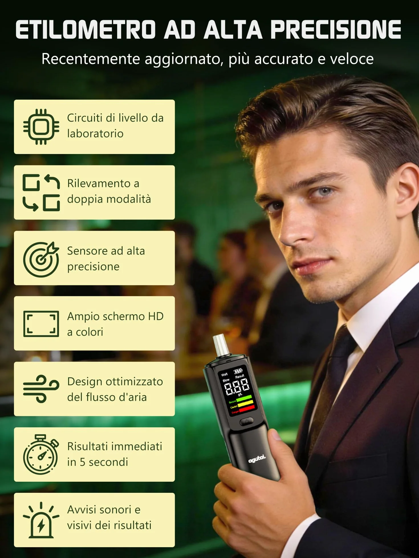 Etilometro Portatile Certificato USB C Ricaricabile Alcol Test con Display LCD - 10 Bocchini