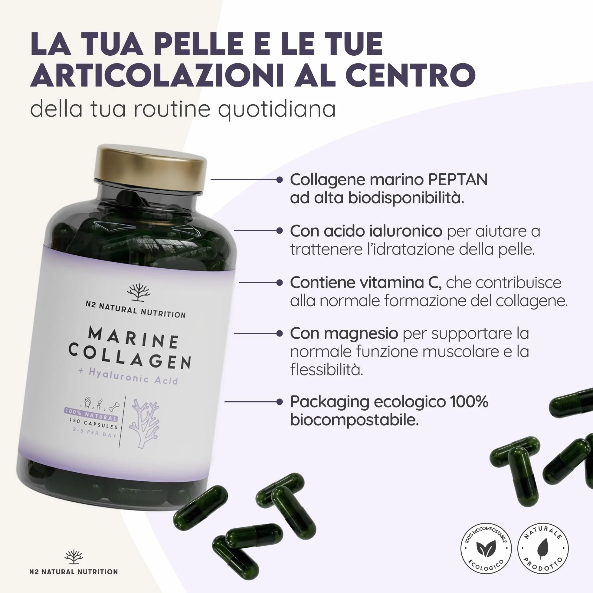 Collagene Marino PEPTAN N2 Natural Nutrition 150 capsule Integratori Articolazioni Cartilagine Pelle